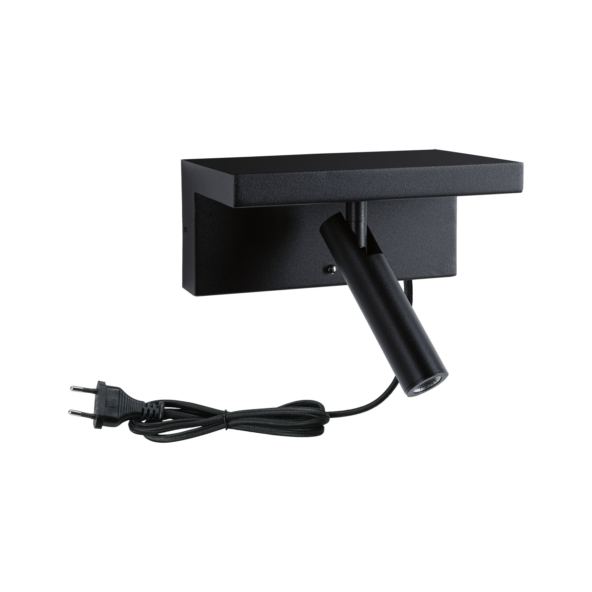 Lampe murale noire avec spot orientable et cordon avec prise.