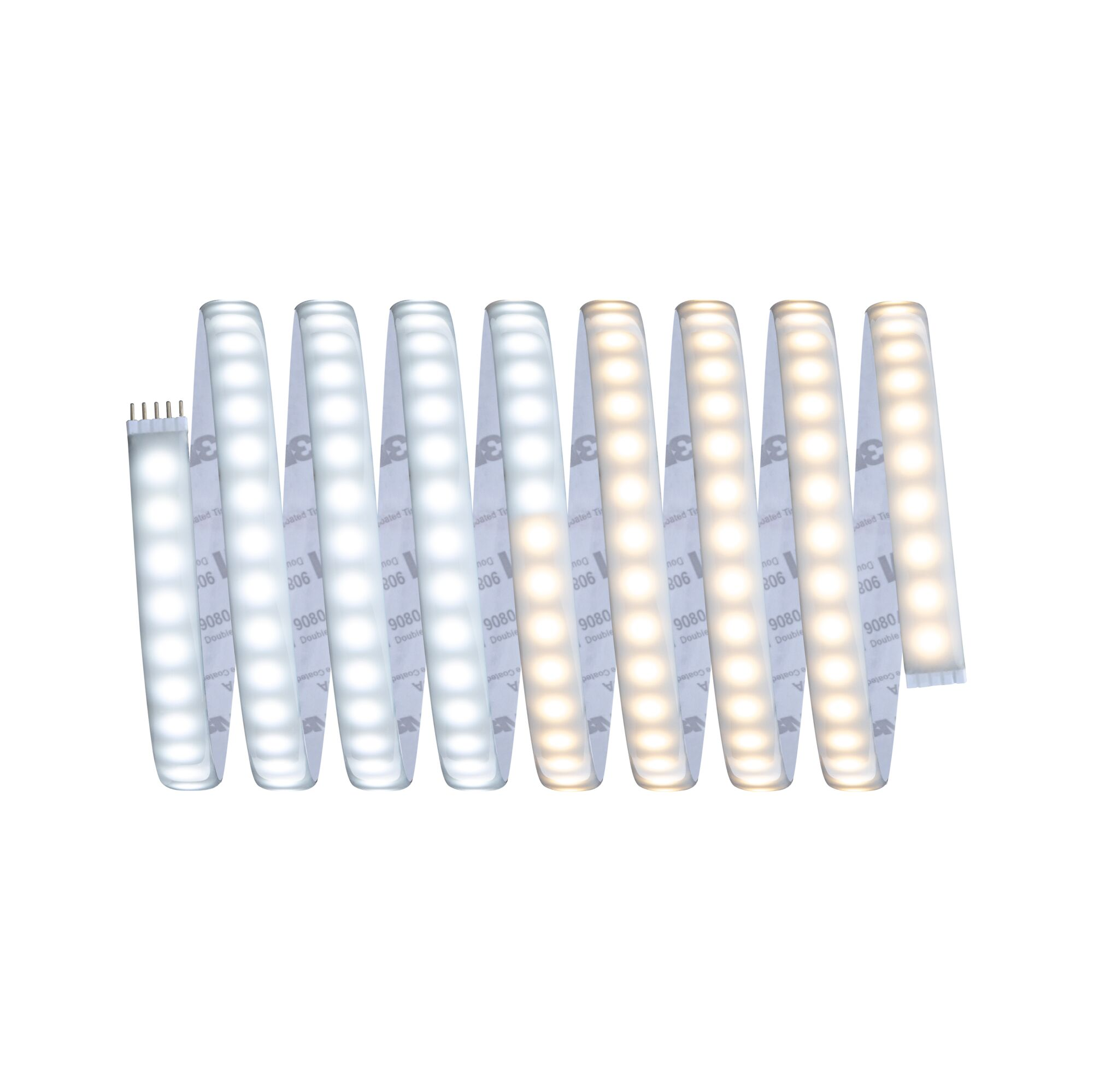 Zrolowana taśma LED, przechodząca od jasnej bieli do ciepłego żółtego światła.