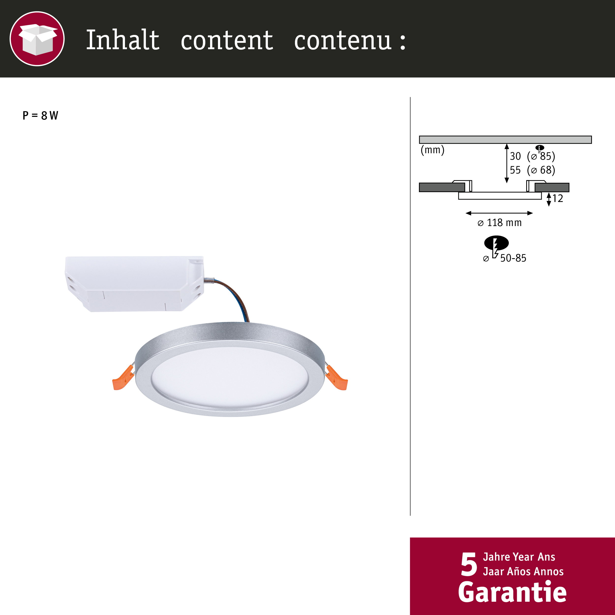 Eine runde LED-Deckenleuchte mit separatem Treiber und Installationsmaßen.