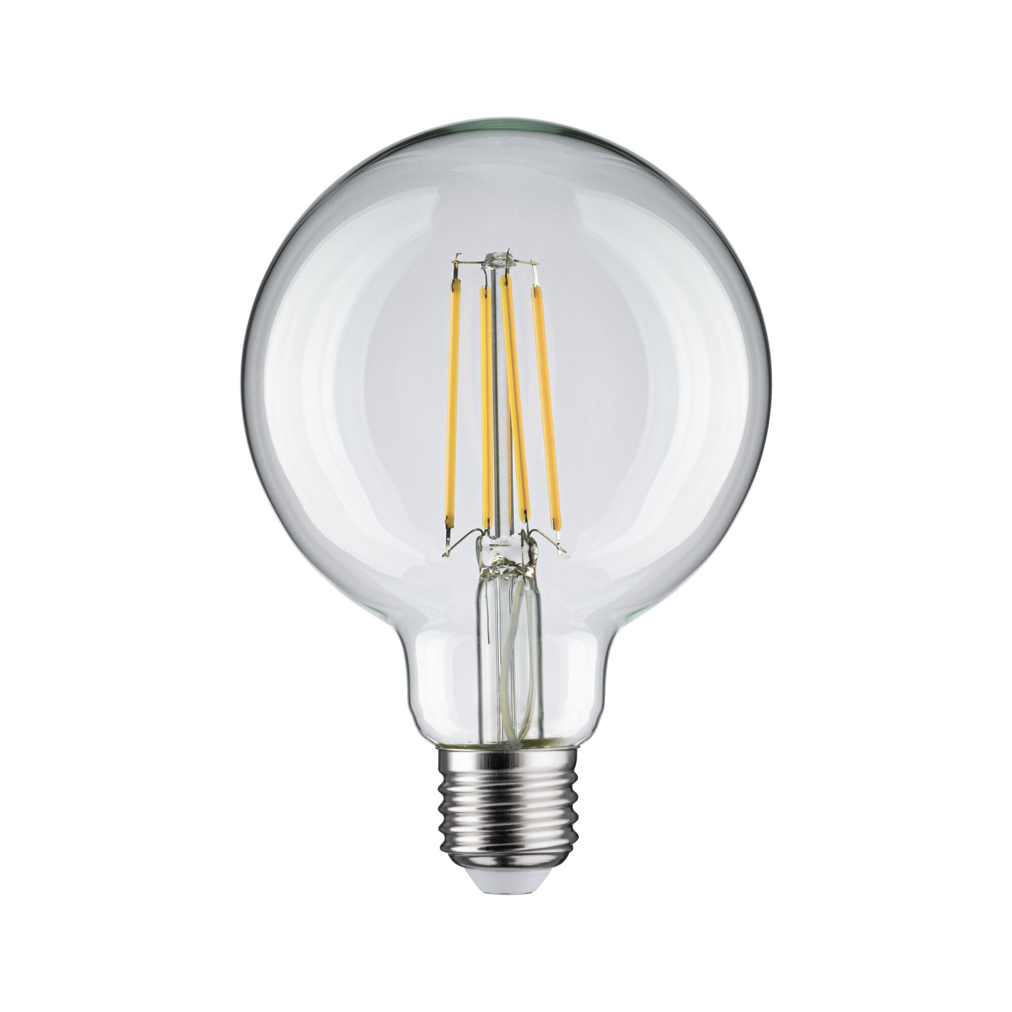 Eine transparente Glühbirne mit Edison-Filamenten auf weißem Hintergrund.