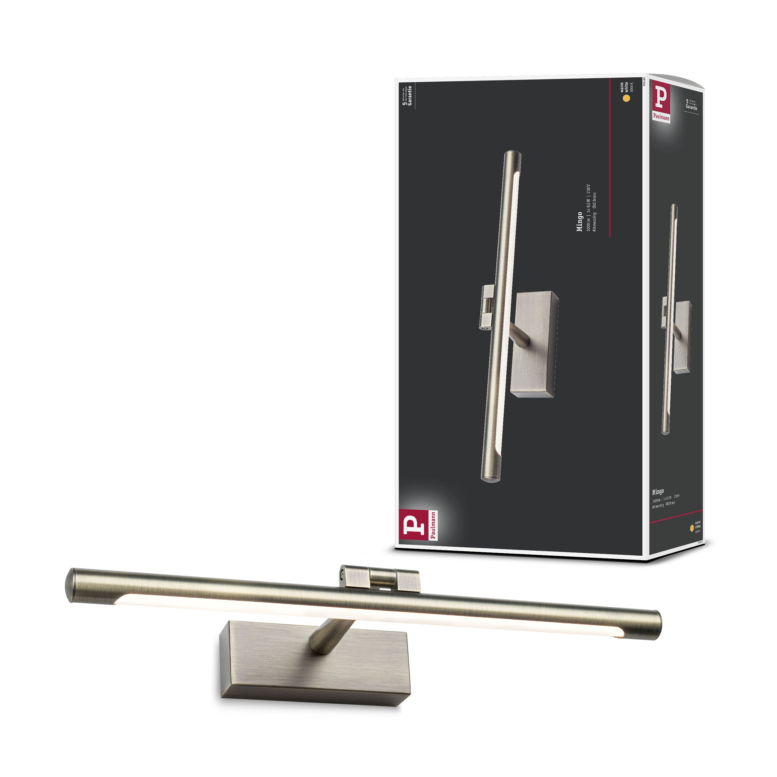 Mosiężna lampa ścienna z prostokątną podstawą i długim drążkiem.