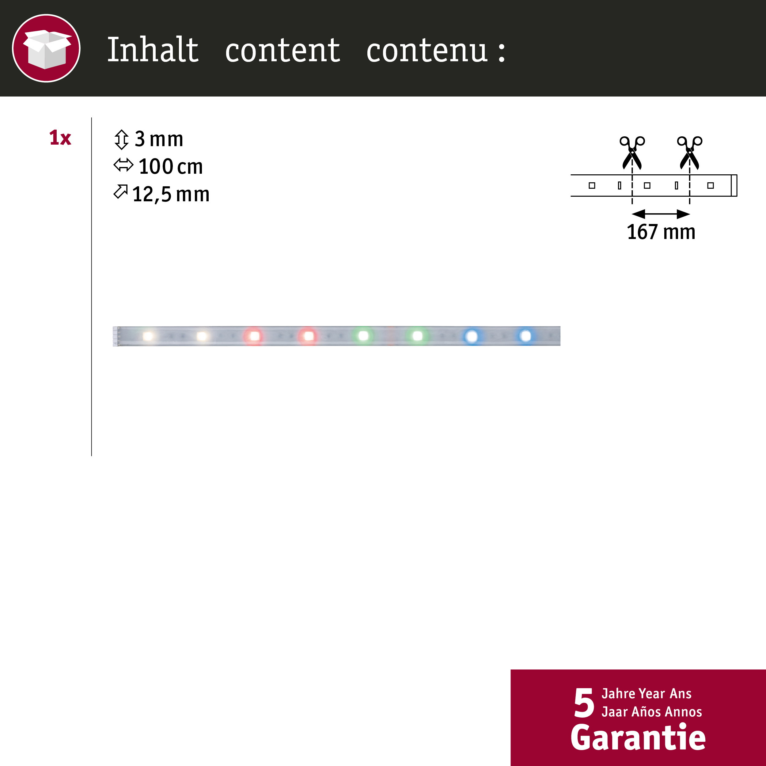 Taśma LED, szerokość 3mm, długość 100cm, grubość 12,5mm.