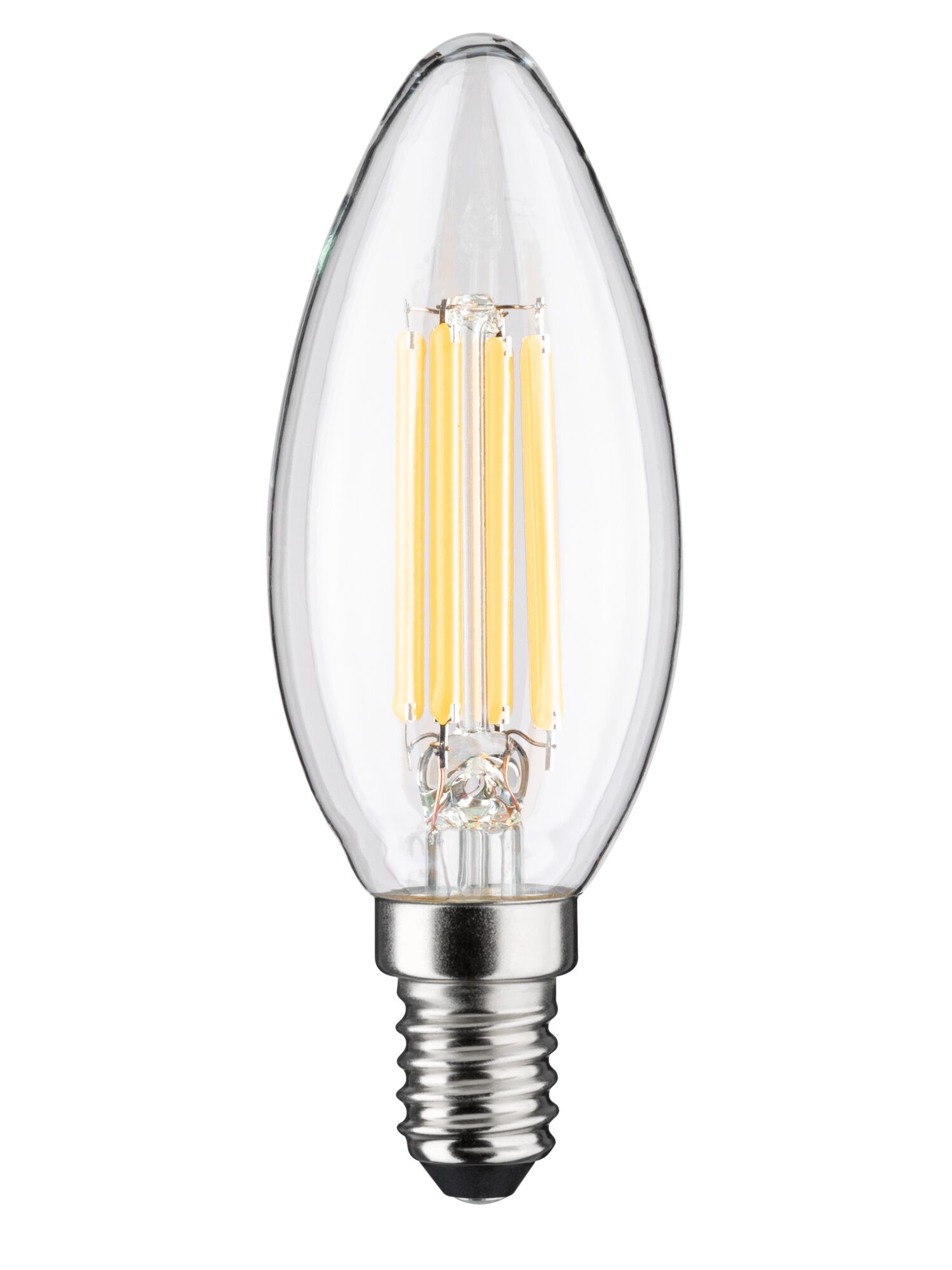 Eine klare LED-Glühbirne mit einem tropfenförmigen Kolben und einem E14-Sockel.