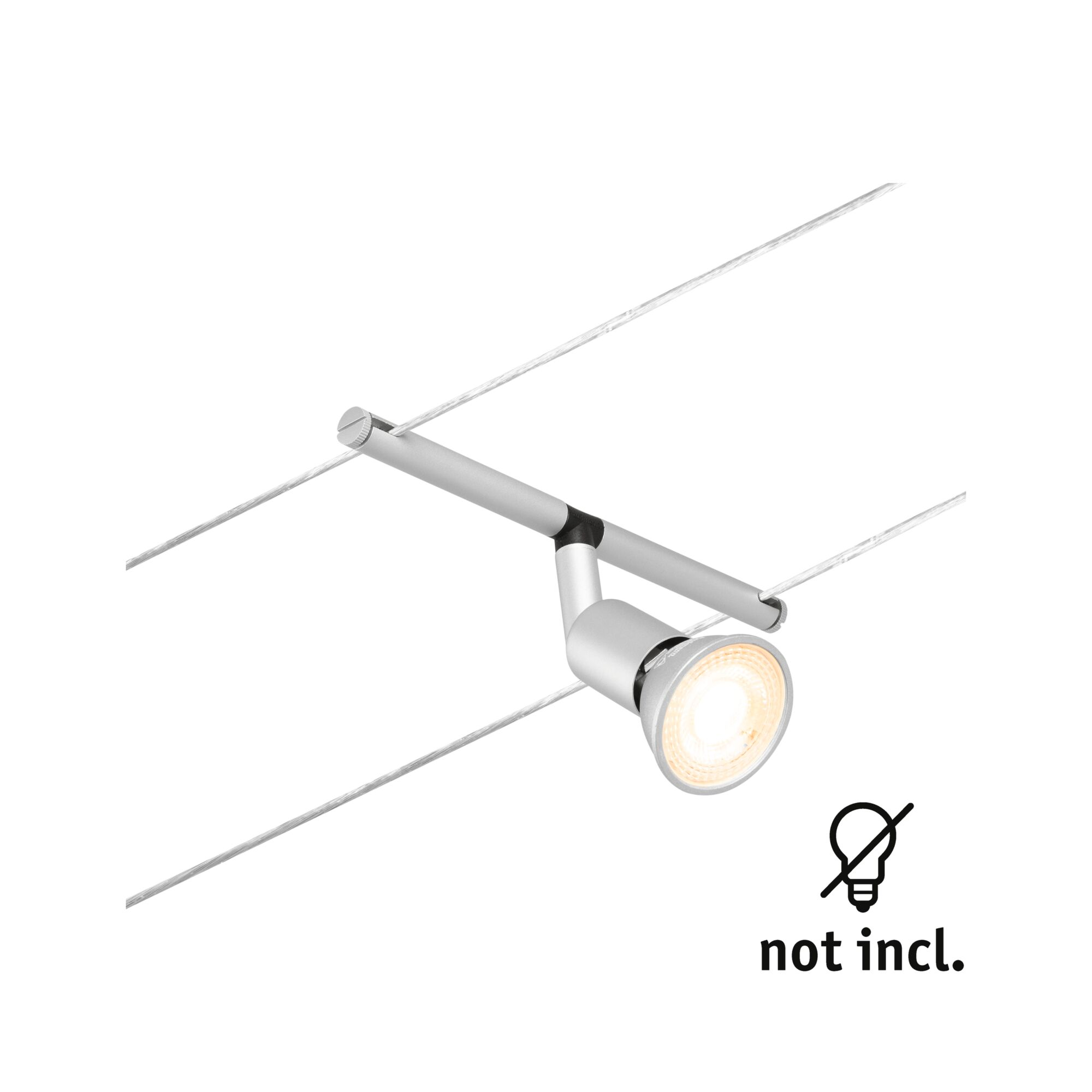 Faretti argento su cavi, con simbolo lampadina e "non incl."