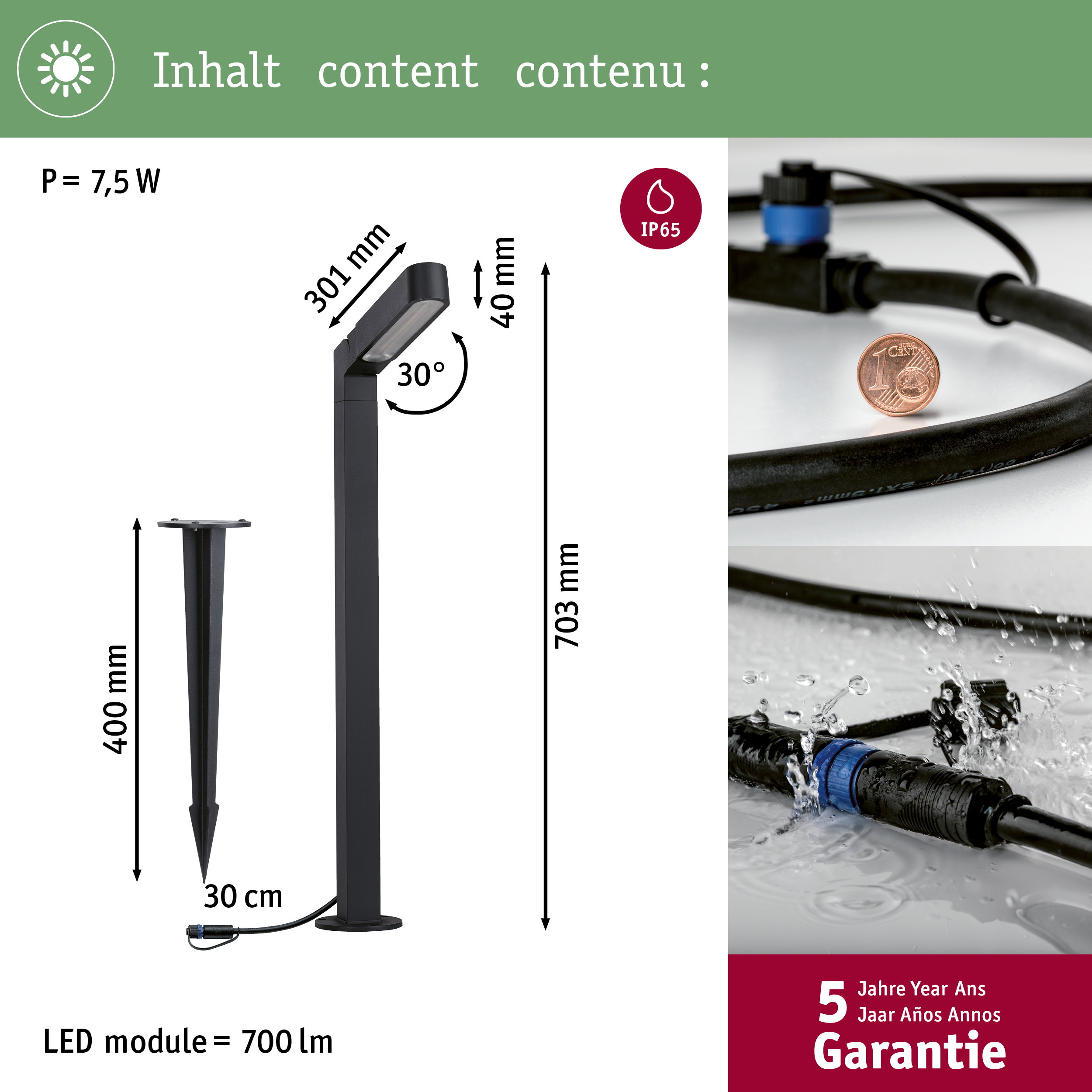 Ein schwarzer LED-Außenstrahler mit Maßen, Erdspieß und IP65-Symbol.