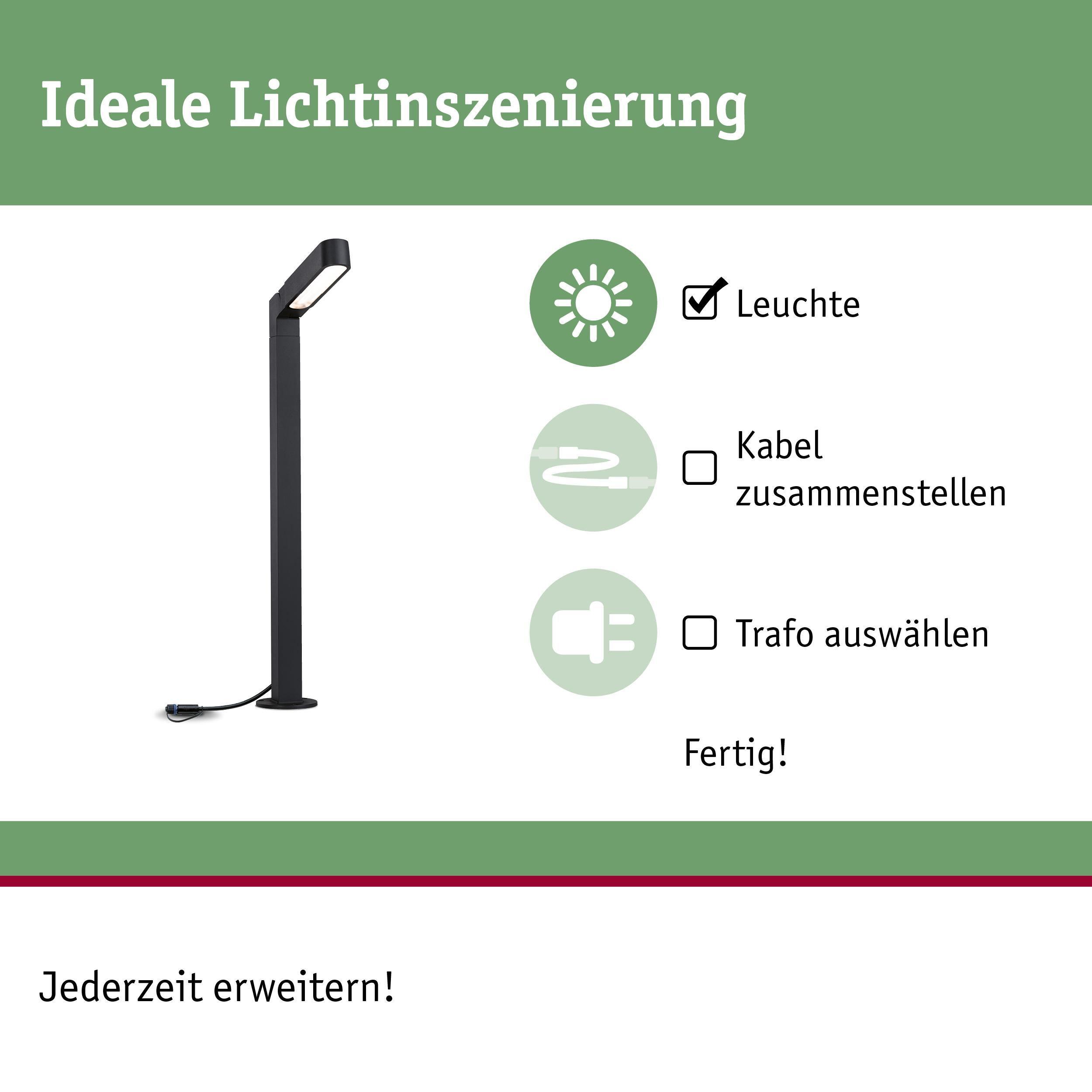 Schwarze Stehleuchte mit Kabel und Installationssymbolen.