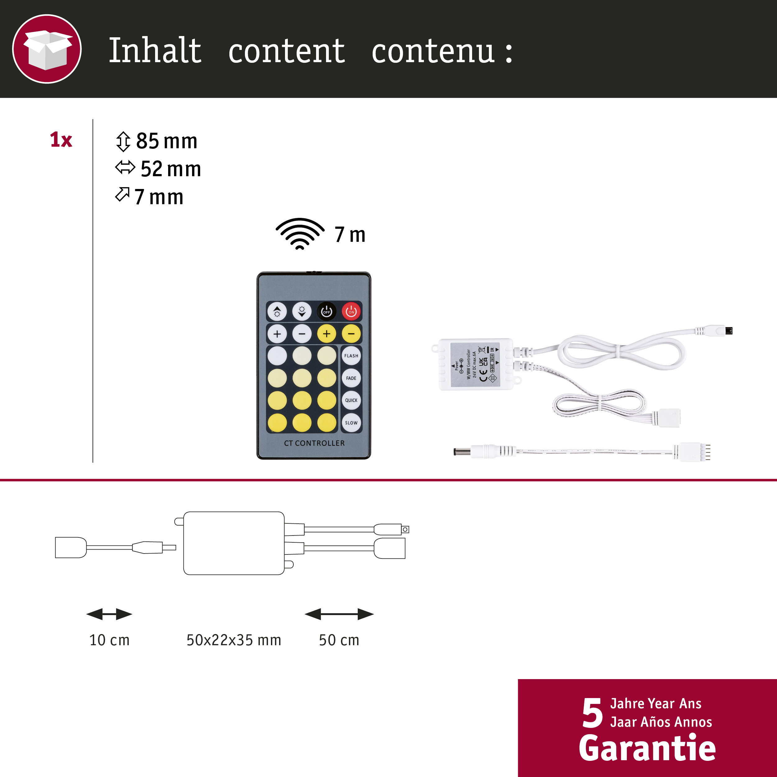 Inhalt: Fernbedienung, Controller, Kabel. Maße: 85x52x7mm, 10cm, 50cm.