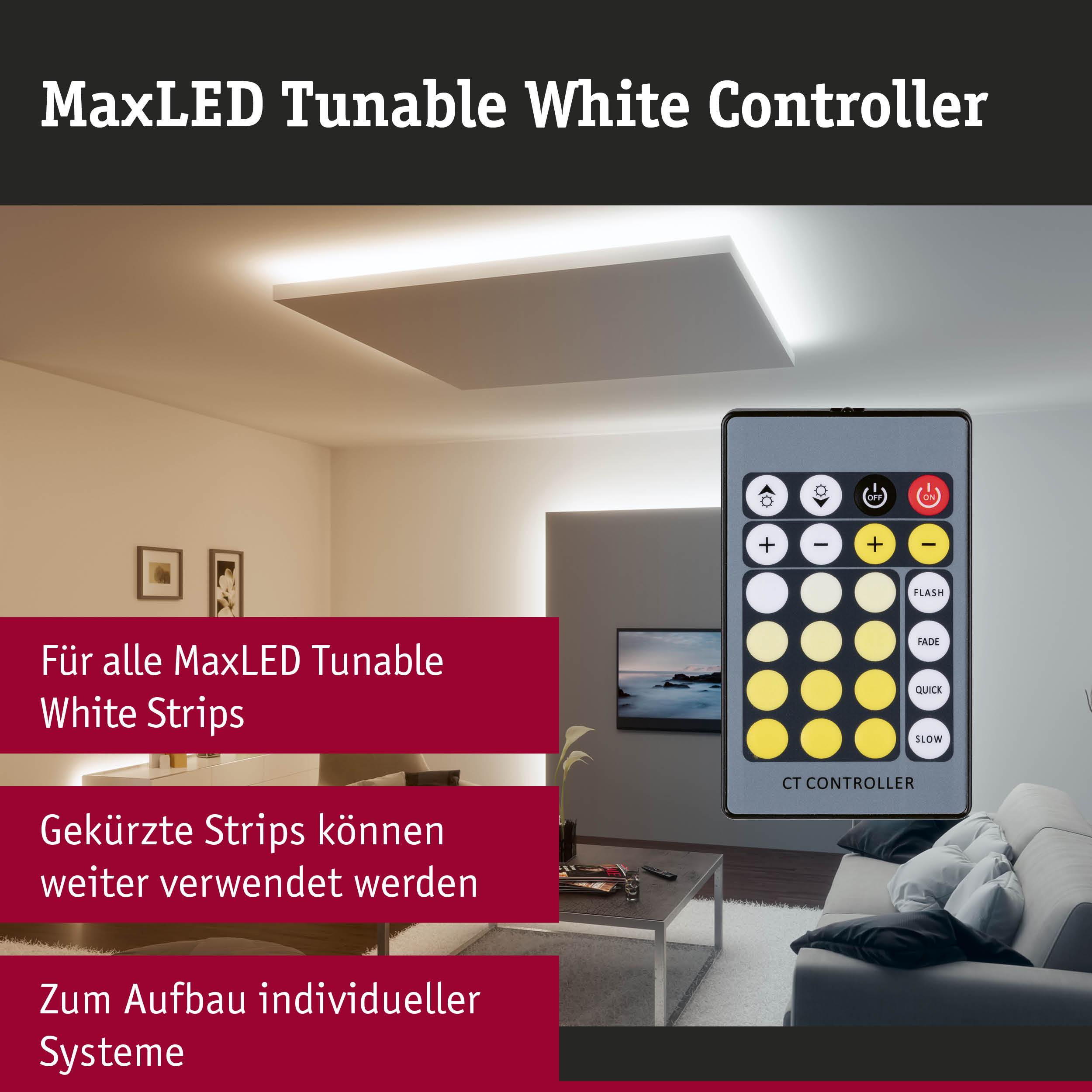 Fernbedienung für MaxLED Tunable White Controller mit Wohnzimmer-Szene.