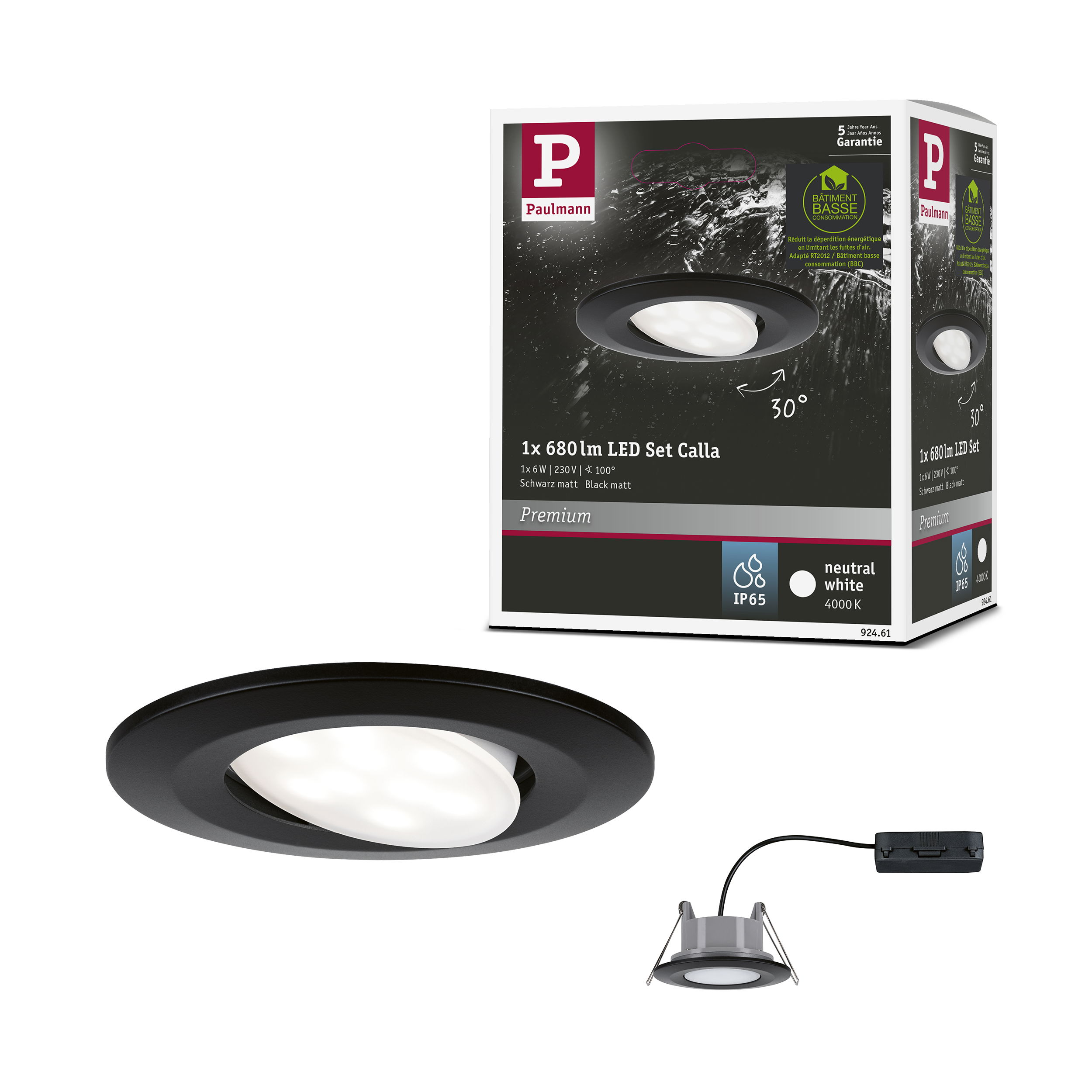 Paulmann LED Set Calla: czarny spot wpuszczany, 6W, 680lm, 4000K, IP65.