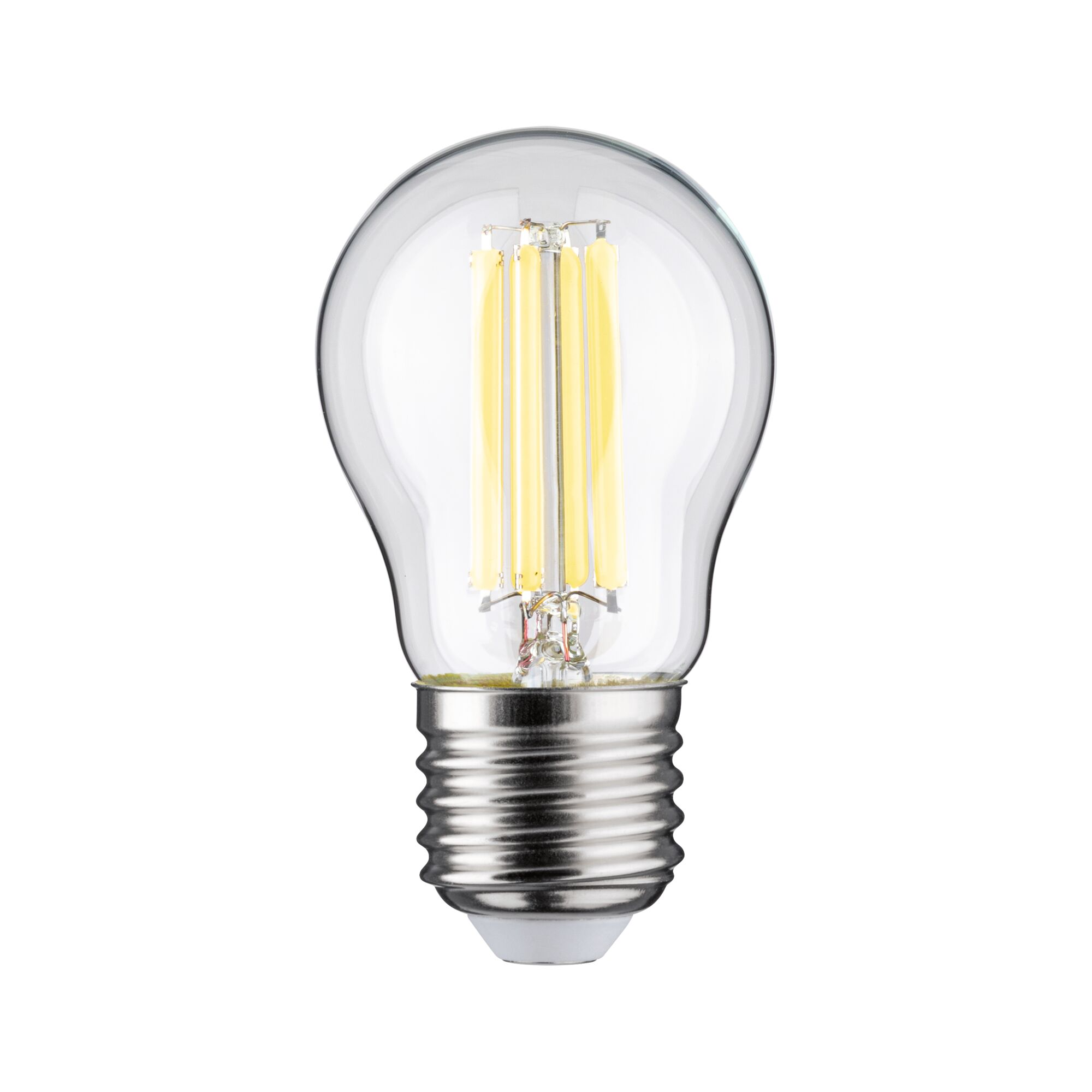 Eine klare Glühbirne mit sichtbaren LED-Filamenten und einem silbernen Gewindesockel.