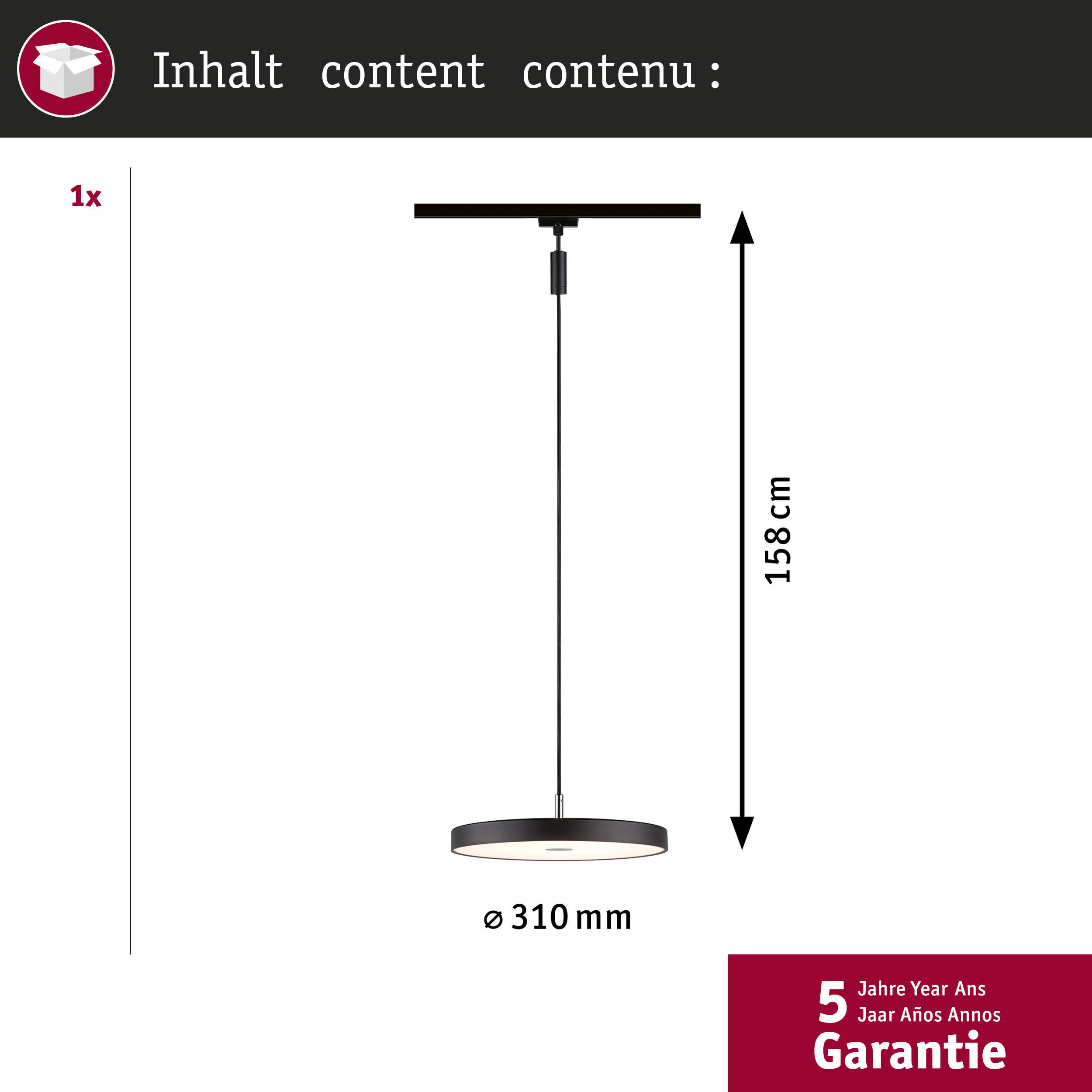 Eine Hängelampe, 310 mm Durchmesser, 158 cm lang, mit 5 Jahren Garantie.