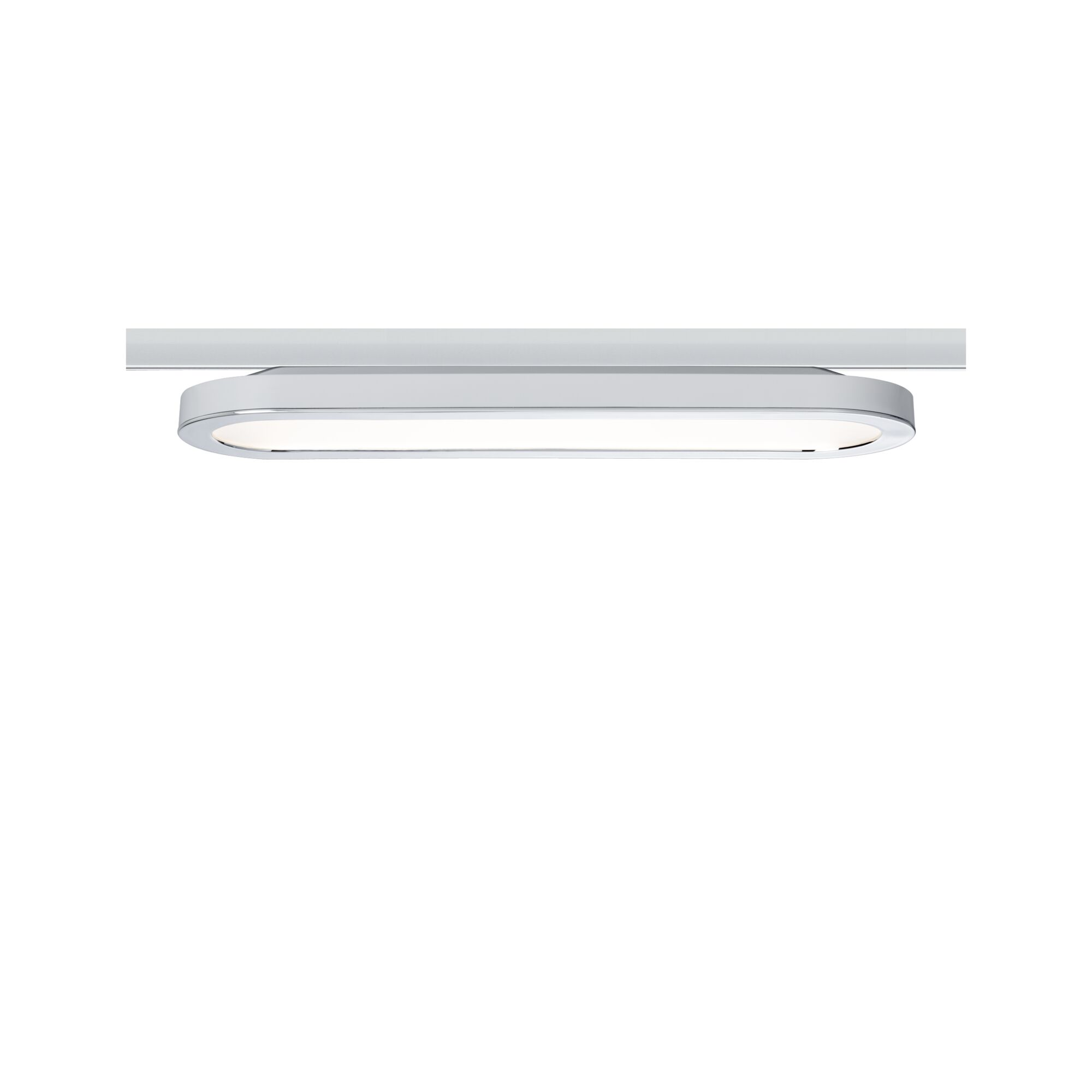 Una elegante lampada da soffitto ovale cromata emette luce bianca.