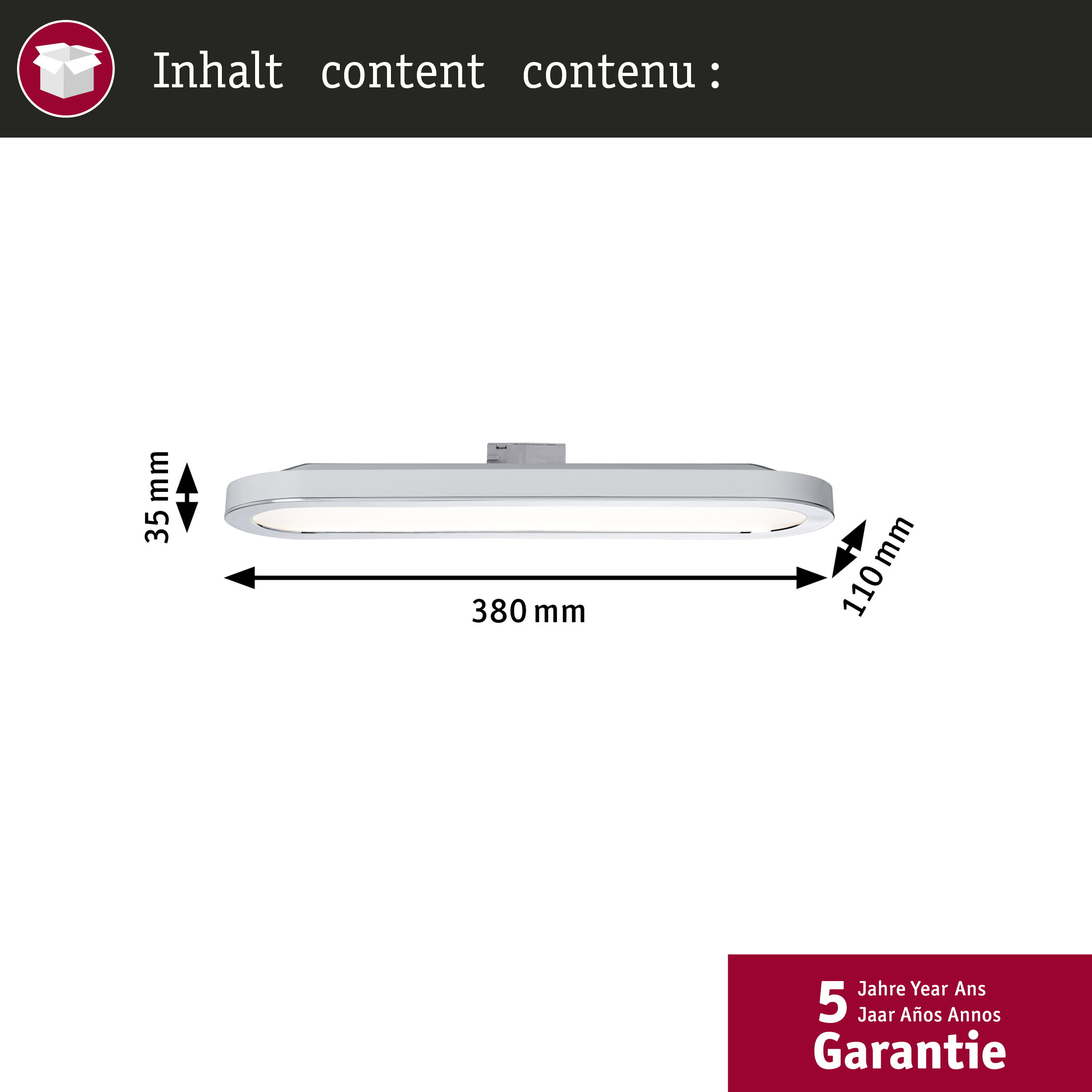 Dimensioni di un apparecchio rettangolare: 380mm di lunghezza, 110mm di larghezza, 35mm di altezza.