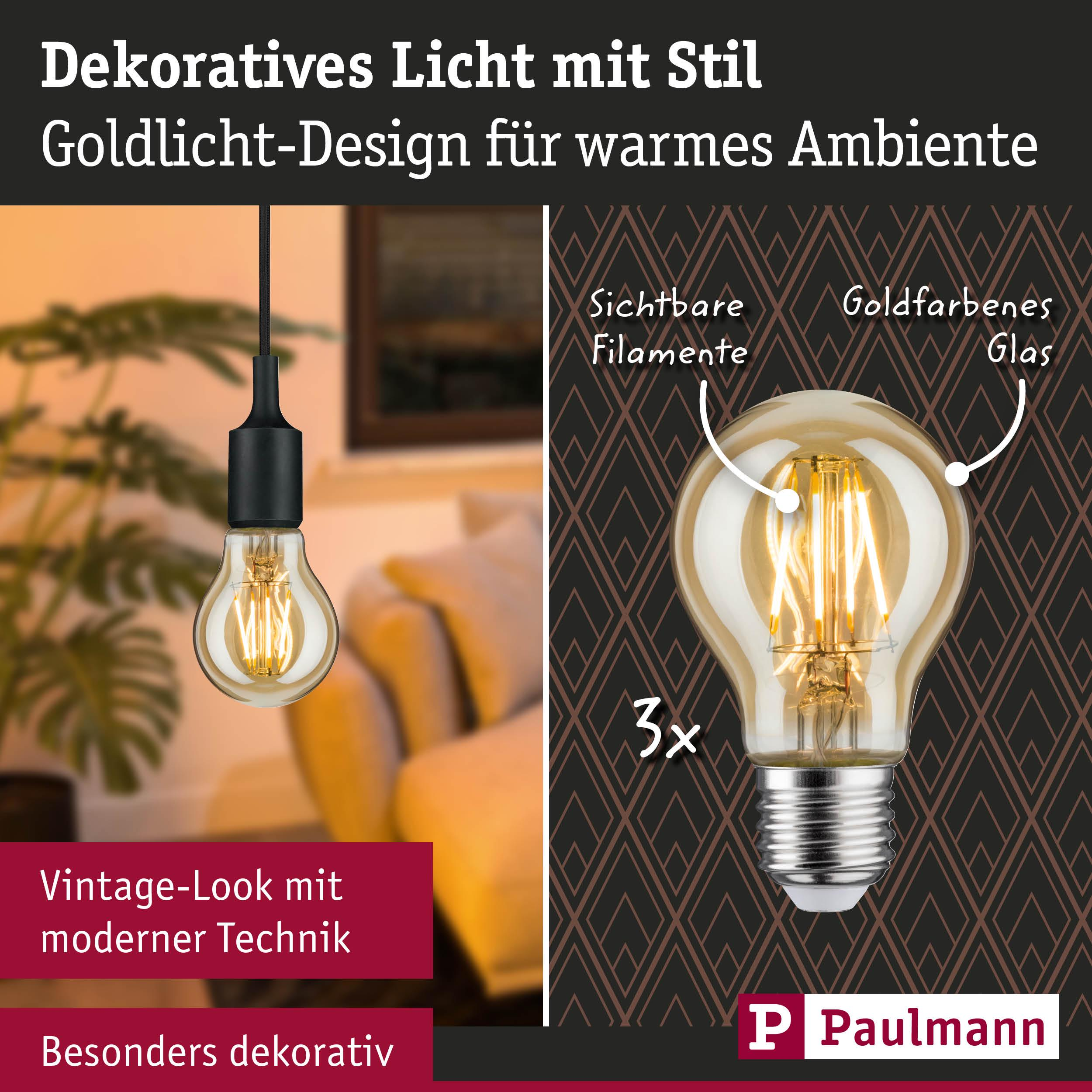 Dekorative Glühbirne mit sichtbaren Filamenten und goldfarbenem Glas.