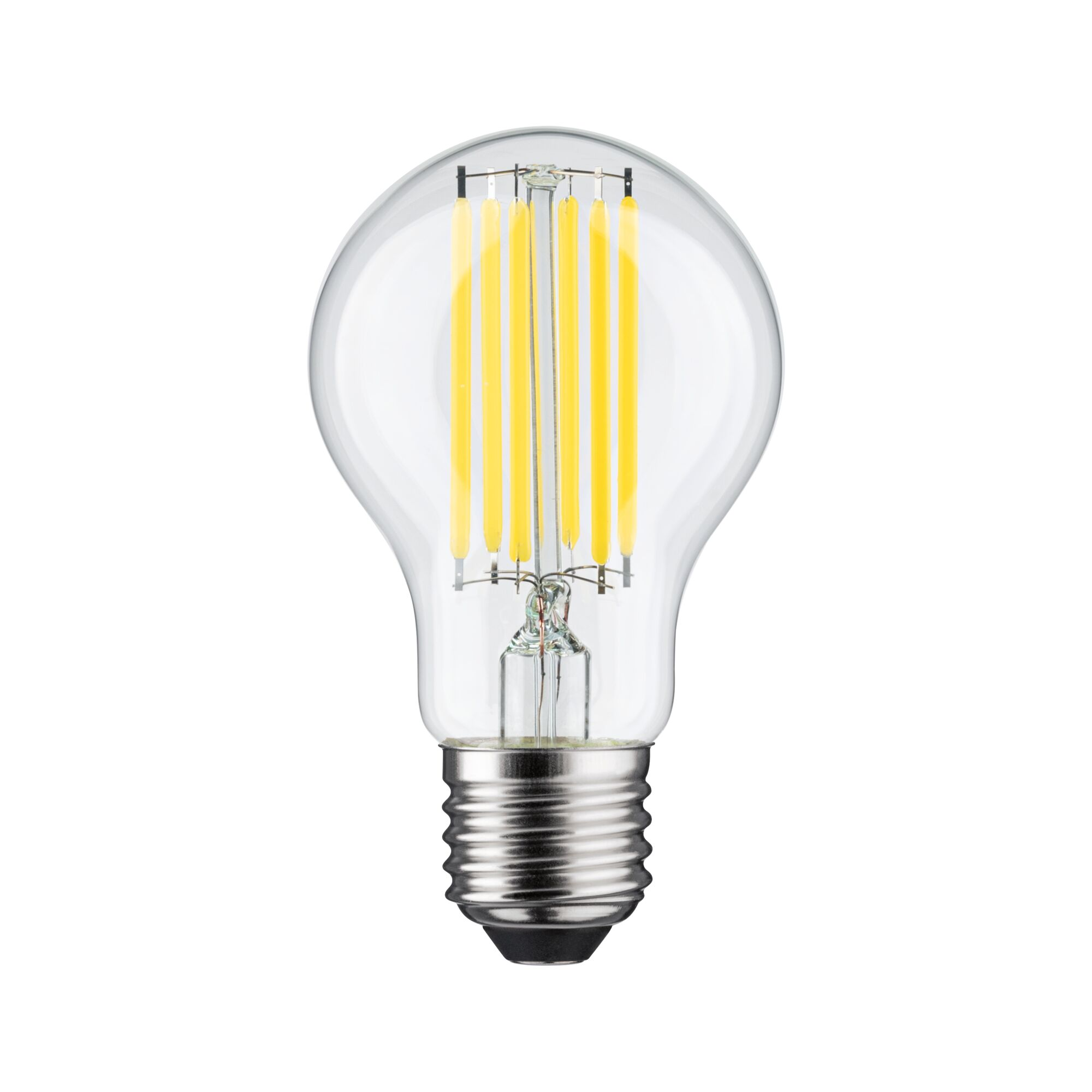 Eine klare Glühbirne mit silbernem Gewinde und gelben LED-Filamenten.