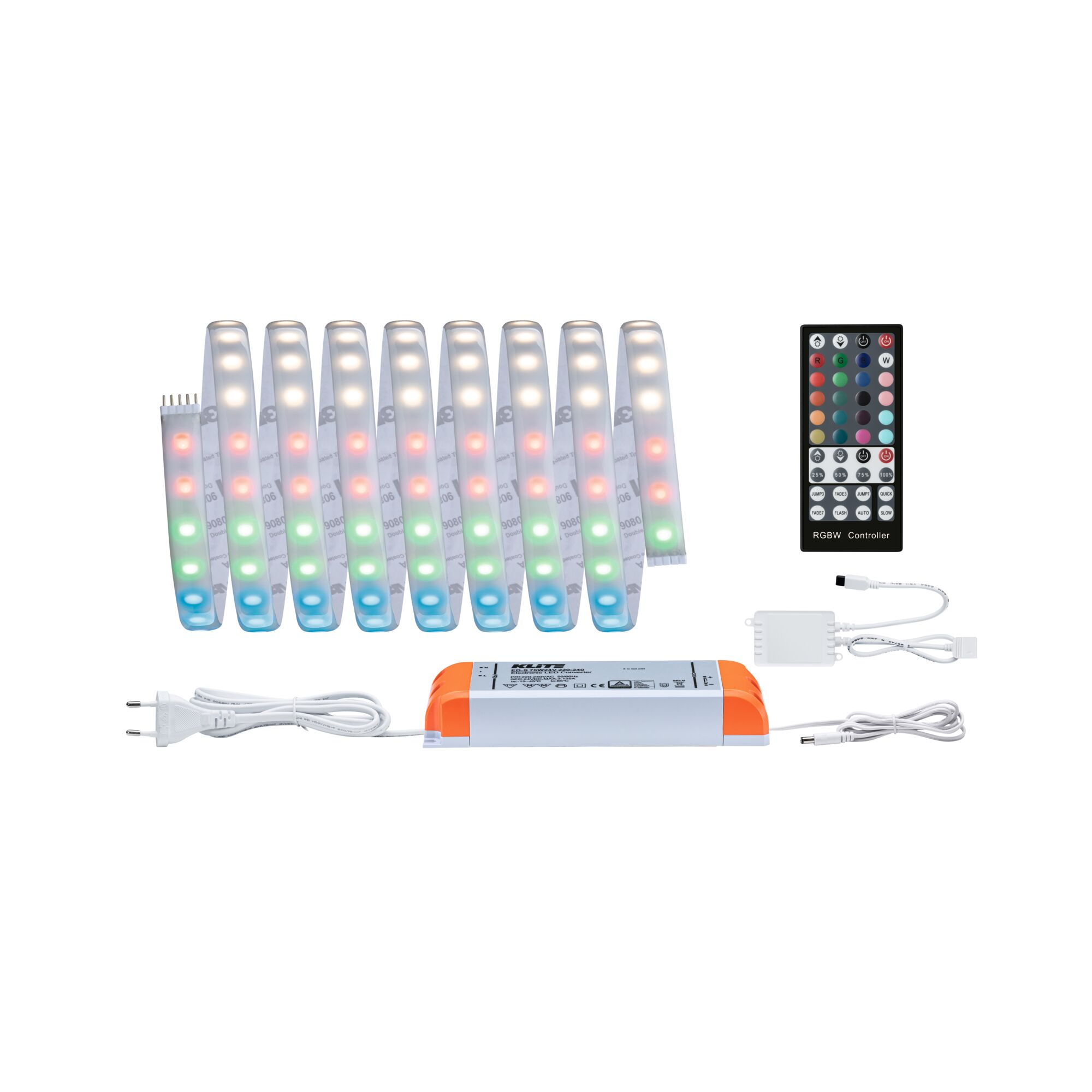 Paski LED RGBW z pilotem, zasilaczem i kablem zasilającym.