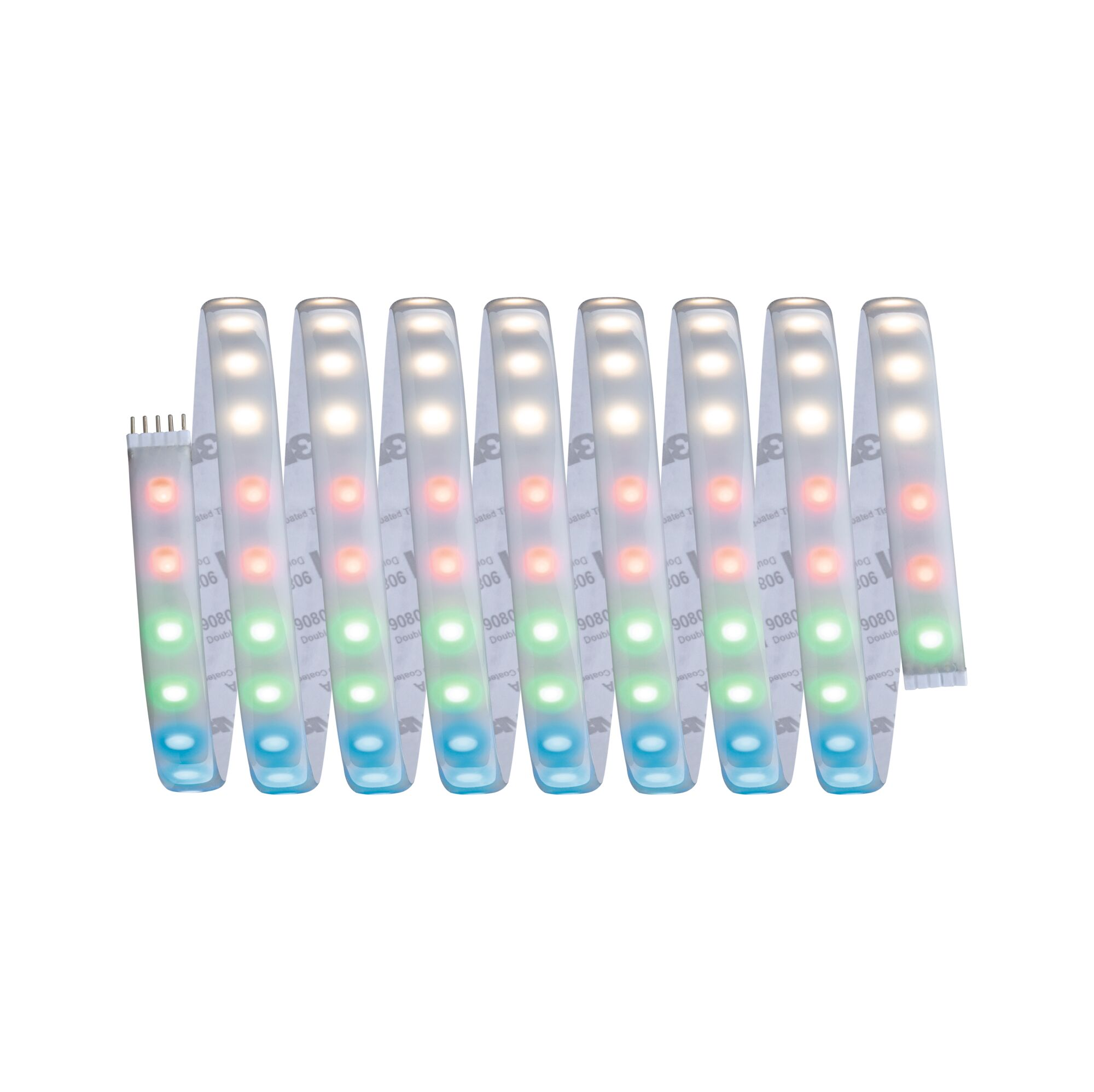 Zwijana taśma LED z kolorowymi światłami i kablem połączeniowym.