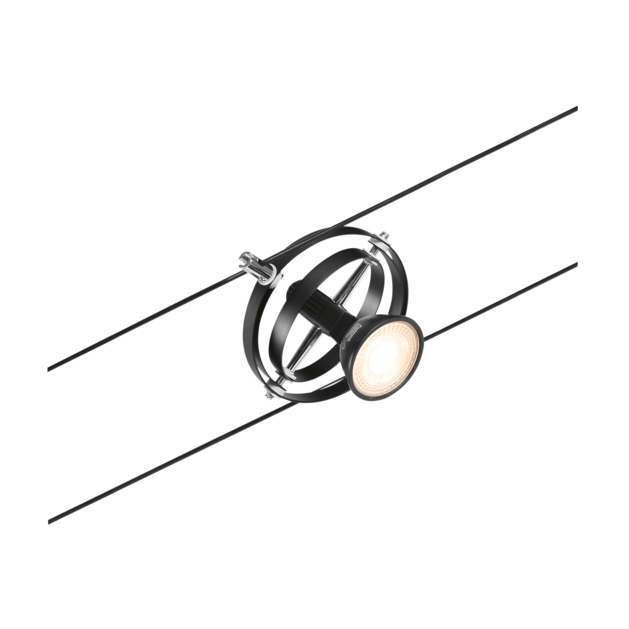 Faretti da soffitto neri con elementi circolari su due cavi.