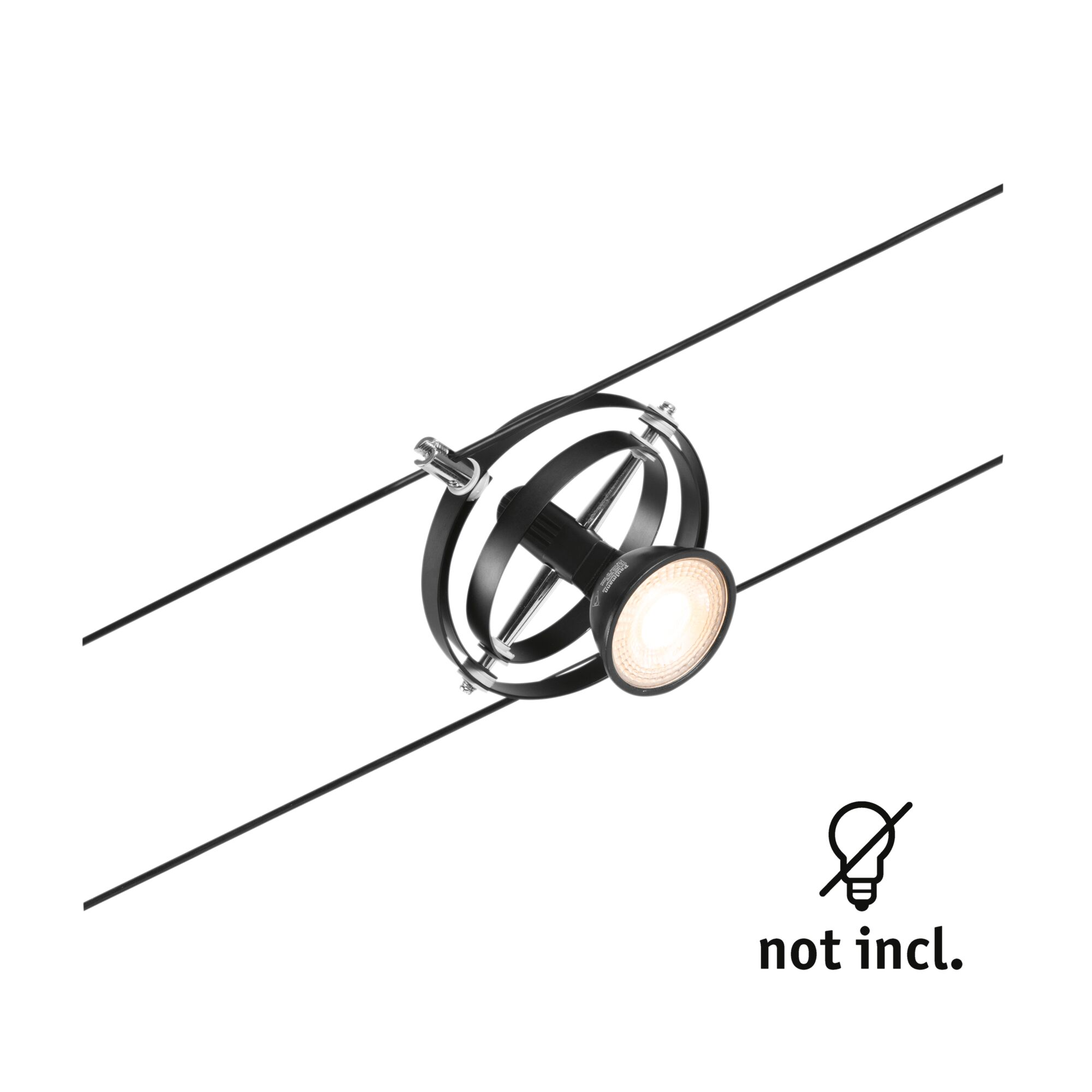 Un faretto articolato nero su due fili sottili, lampadina non inclusa.