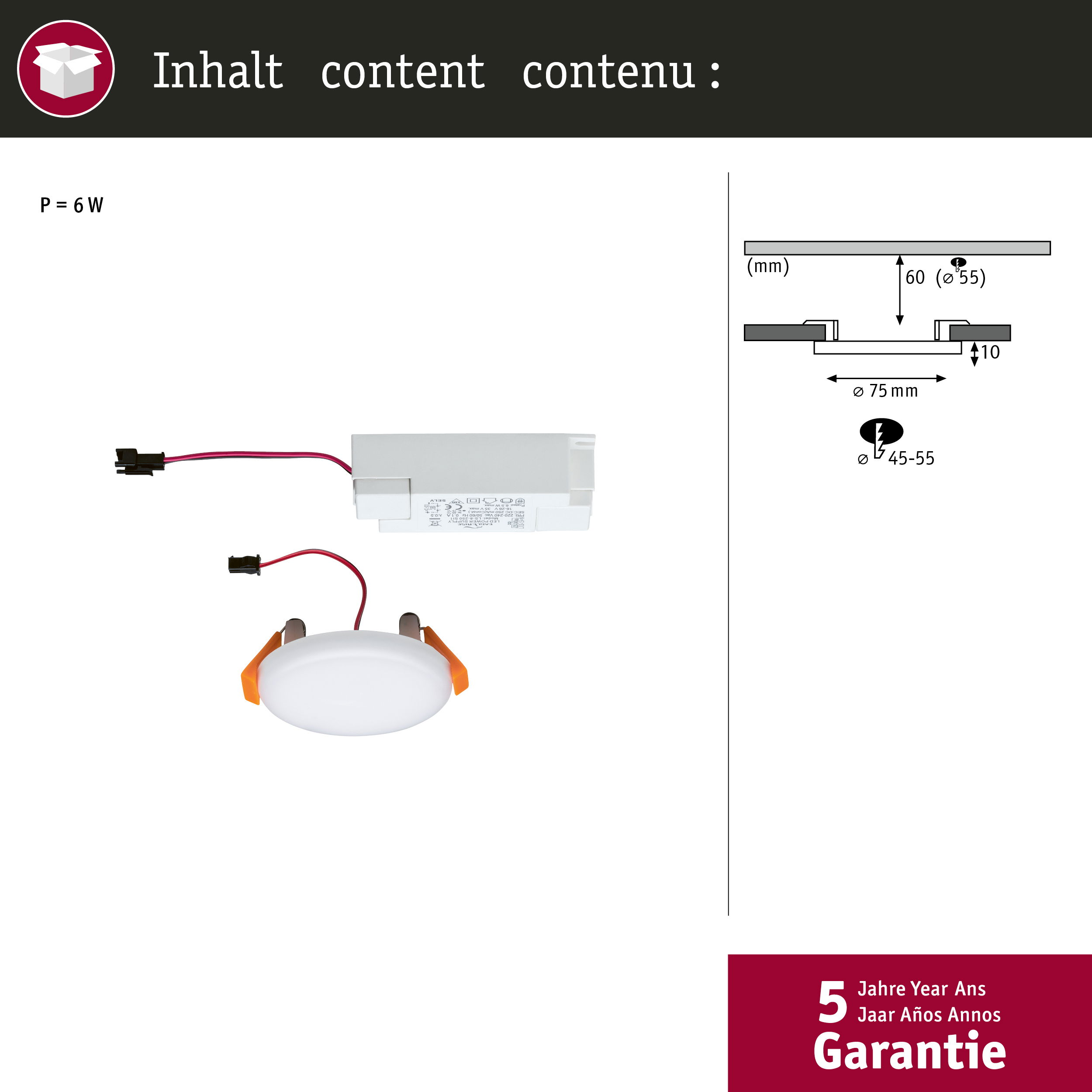 Biały sterownik LED i okrągła lampa LED z pomarańczowymi klipsami.