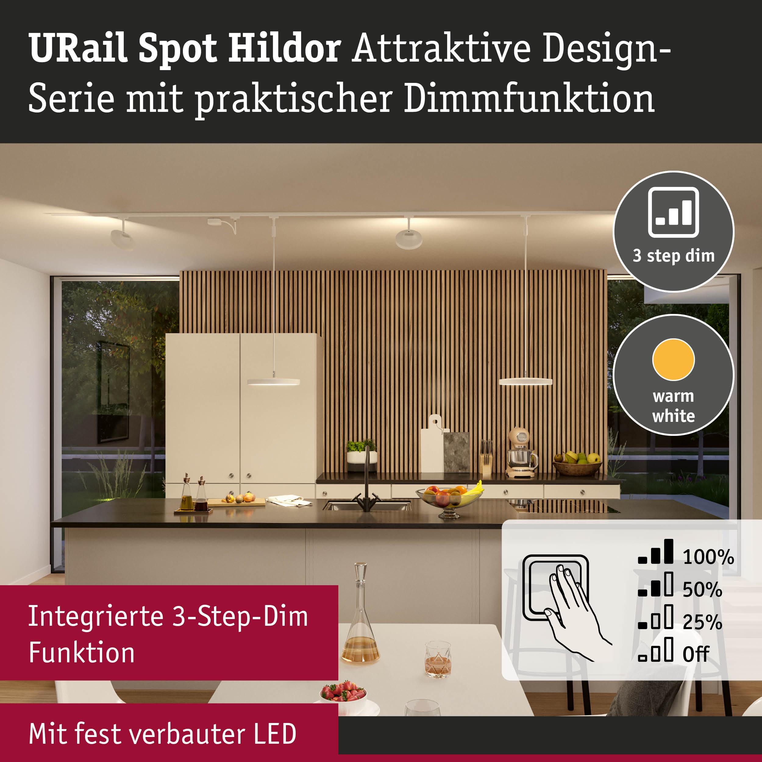 Moderne Küche mit Schienensystem und dimmbaren Lichtern. 3-stufige Dimmfunktion.