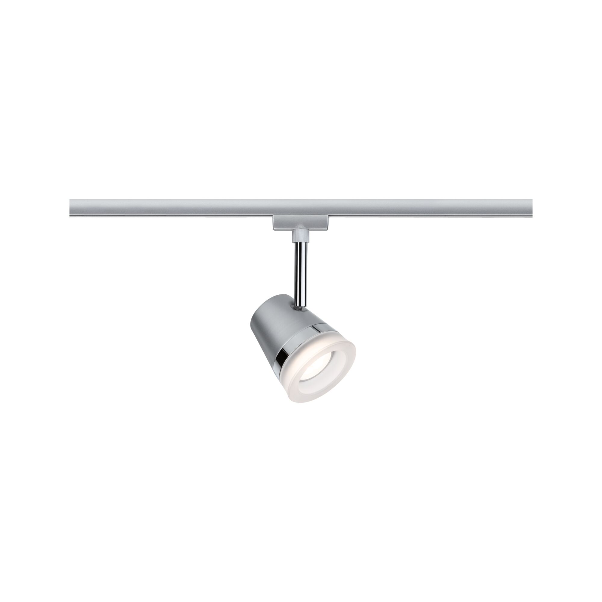 Faretti argentati su binario con illuminazione rotonda.