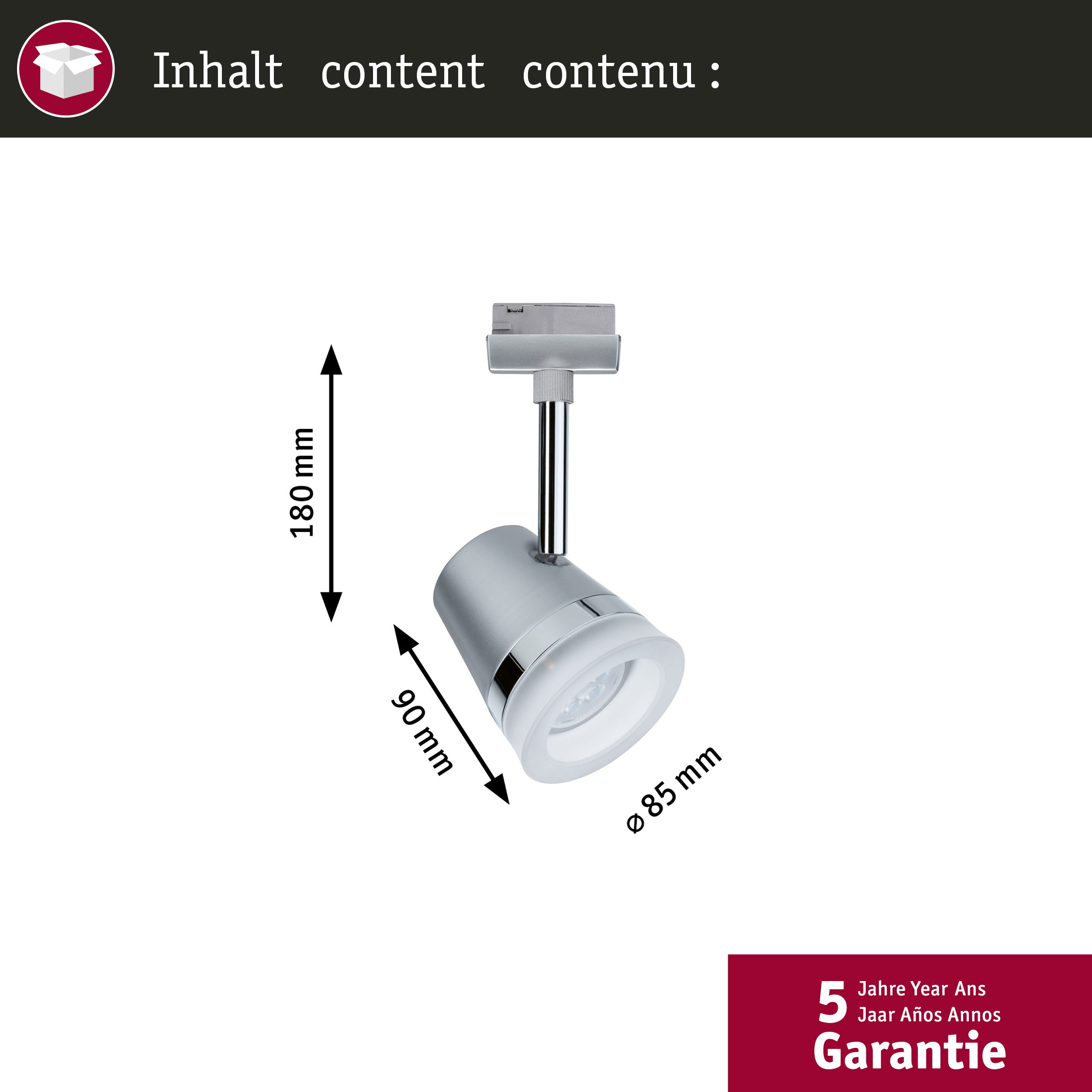 Un faretto da binario argentato di 180 mm di altezza, 90 mm di larghezza e 85 mm di diametro.