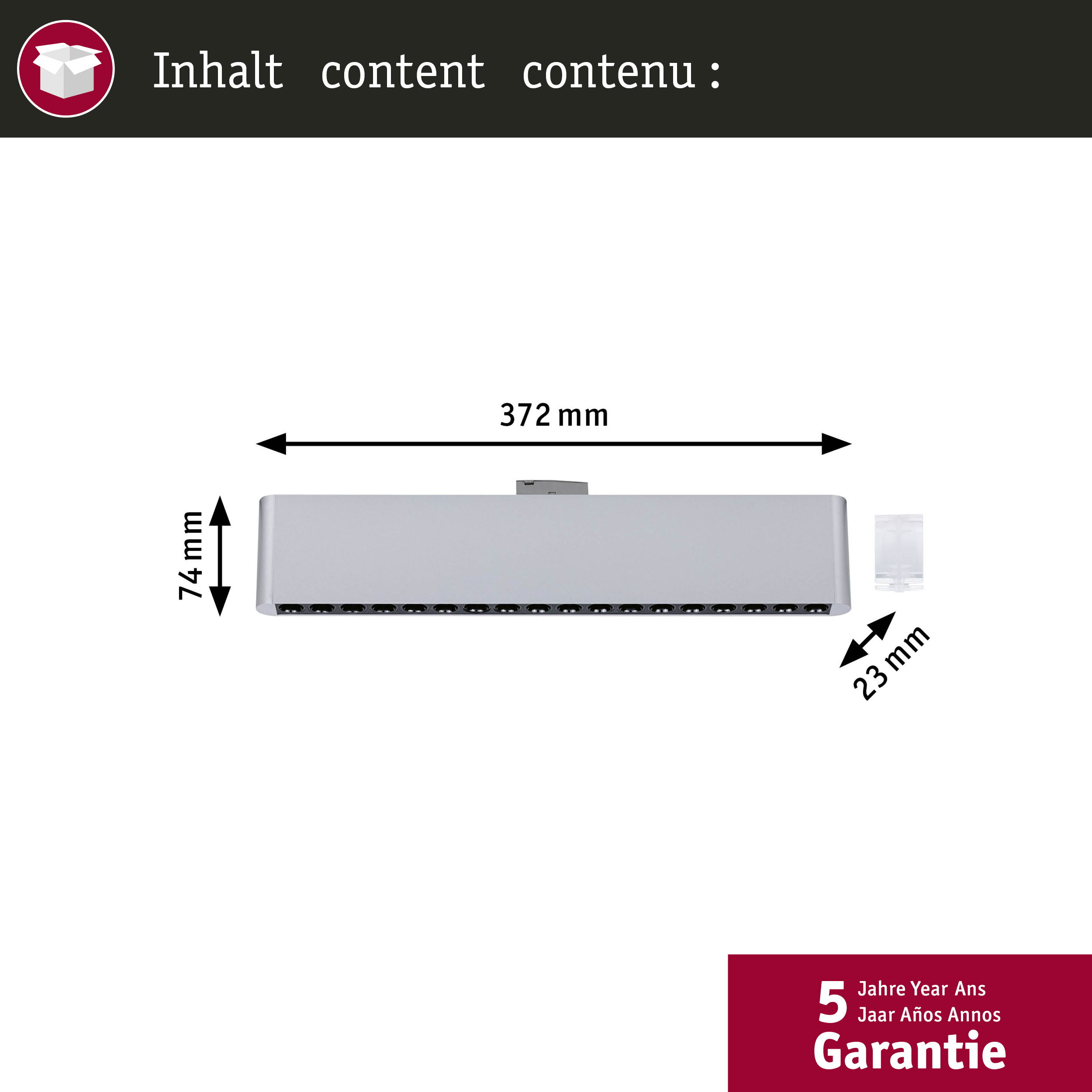Silberne Steckdosenleiste mit 14 Steckplätzen, 372mm lang, 74mm hoch, 23mm tief.