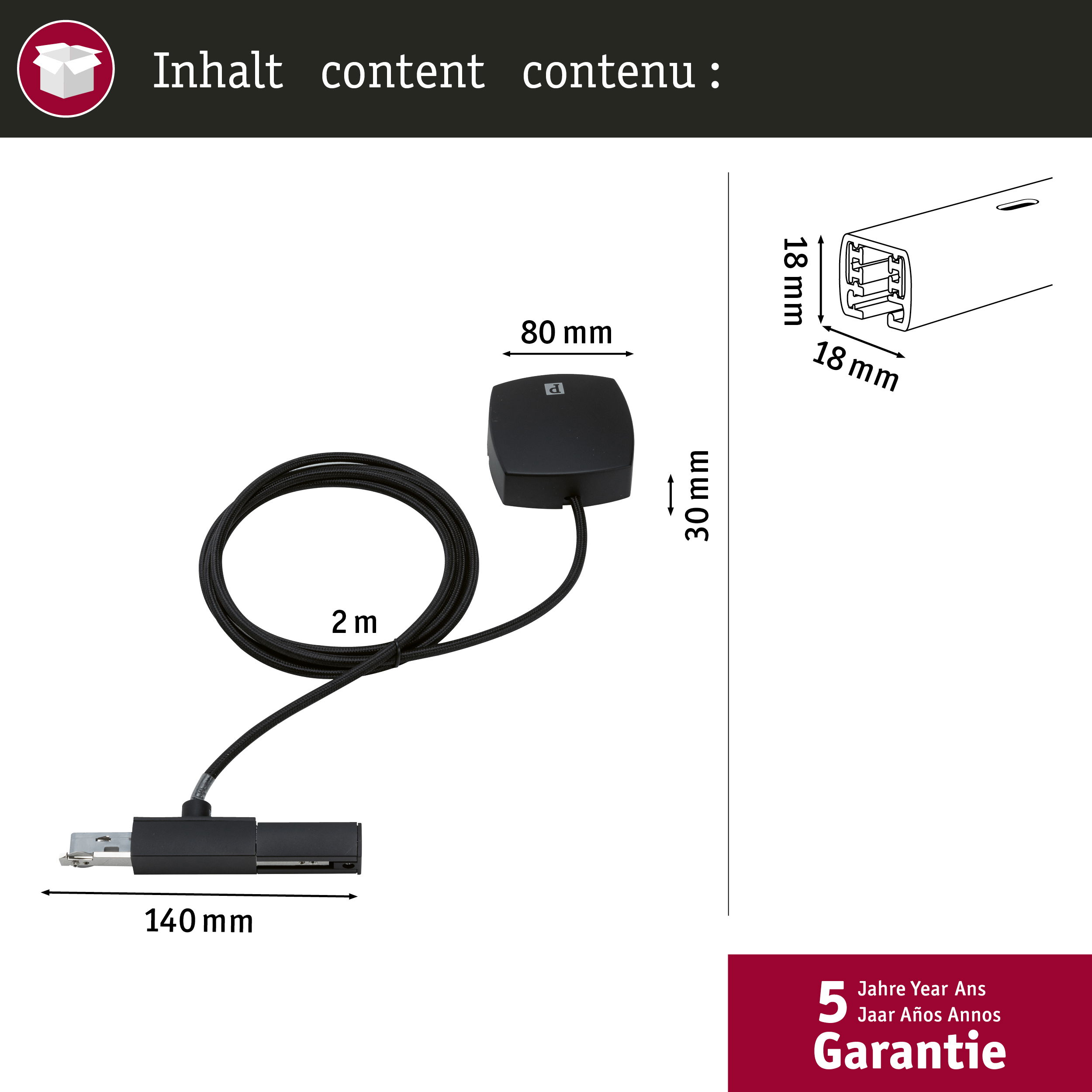 Ein schwarzes technisches Bauteil mit Kabel und Maangaben.