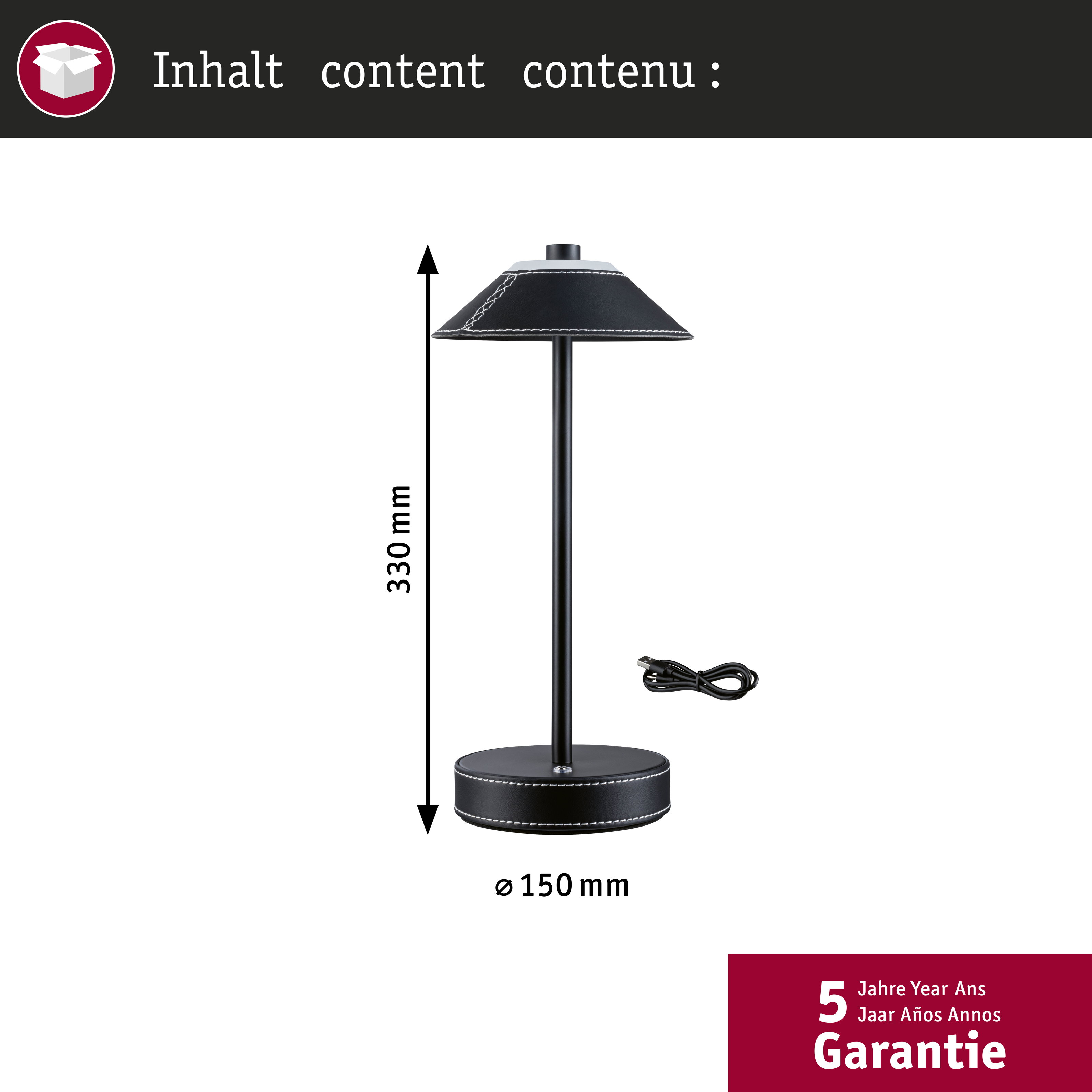 Czarna lampa stołowa z kablem USB, wysokość 330 mm, średnica 150 mm.