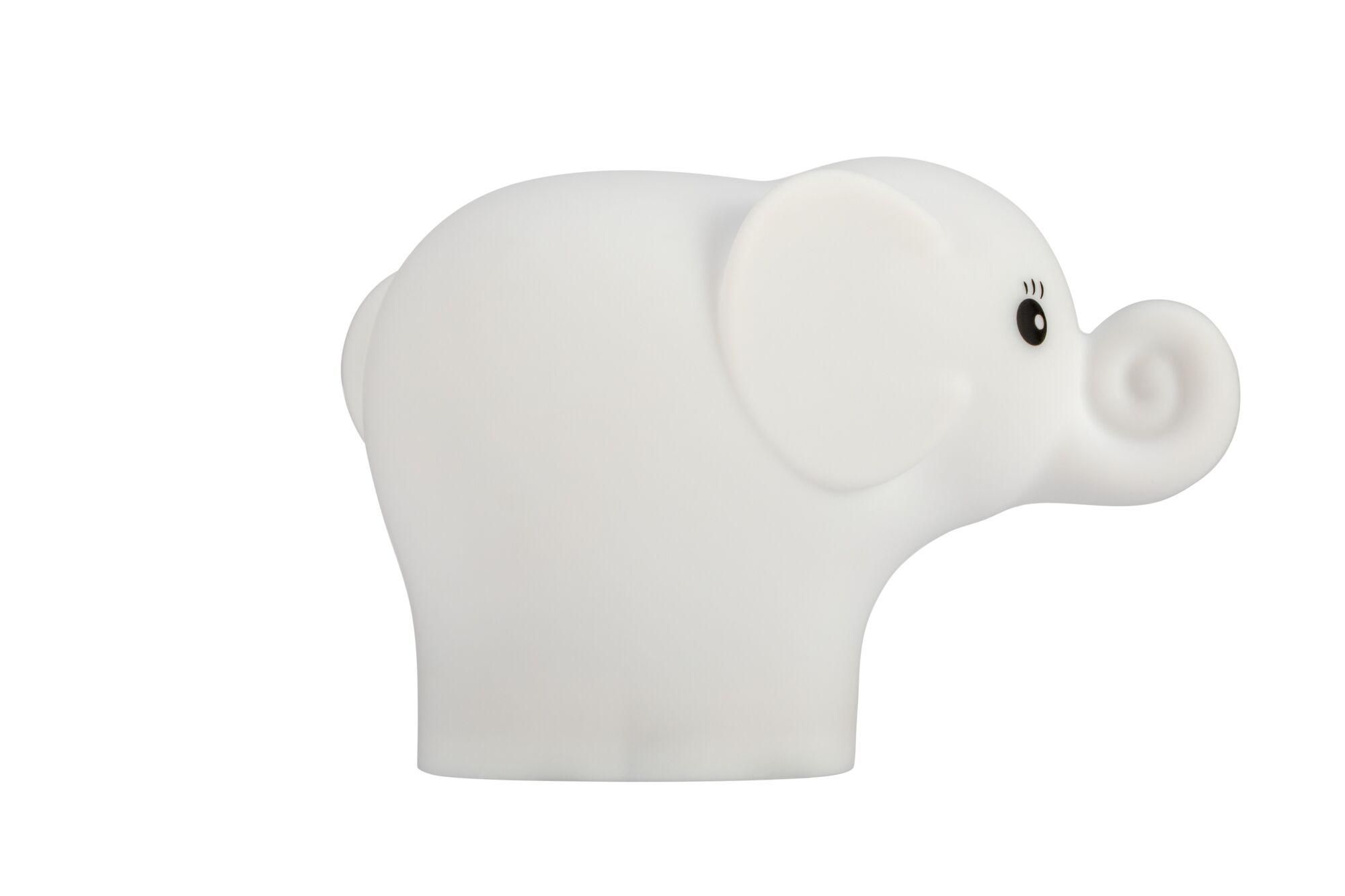 Biały słoń z czarnymi oczami i zakręconą trąbą.