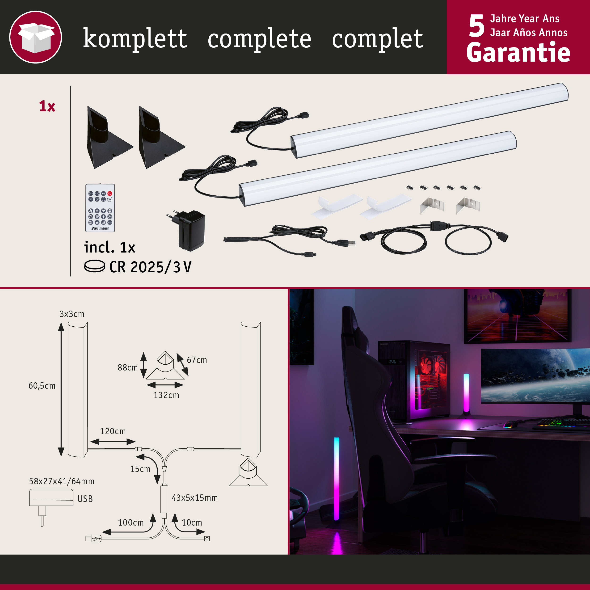 Zestaw dwóch lamp LED, pilot, zasilacz i kable.