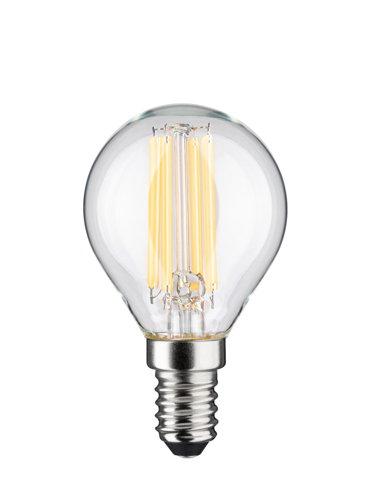 Eine klare Glühbirne mit sichtbaren LED-Fäden und einem silbernen Sockel.