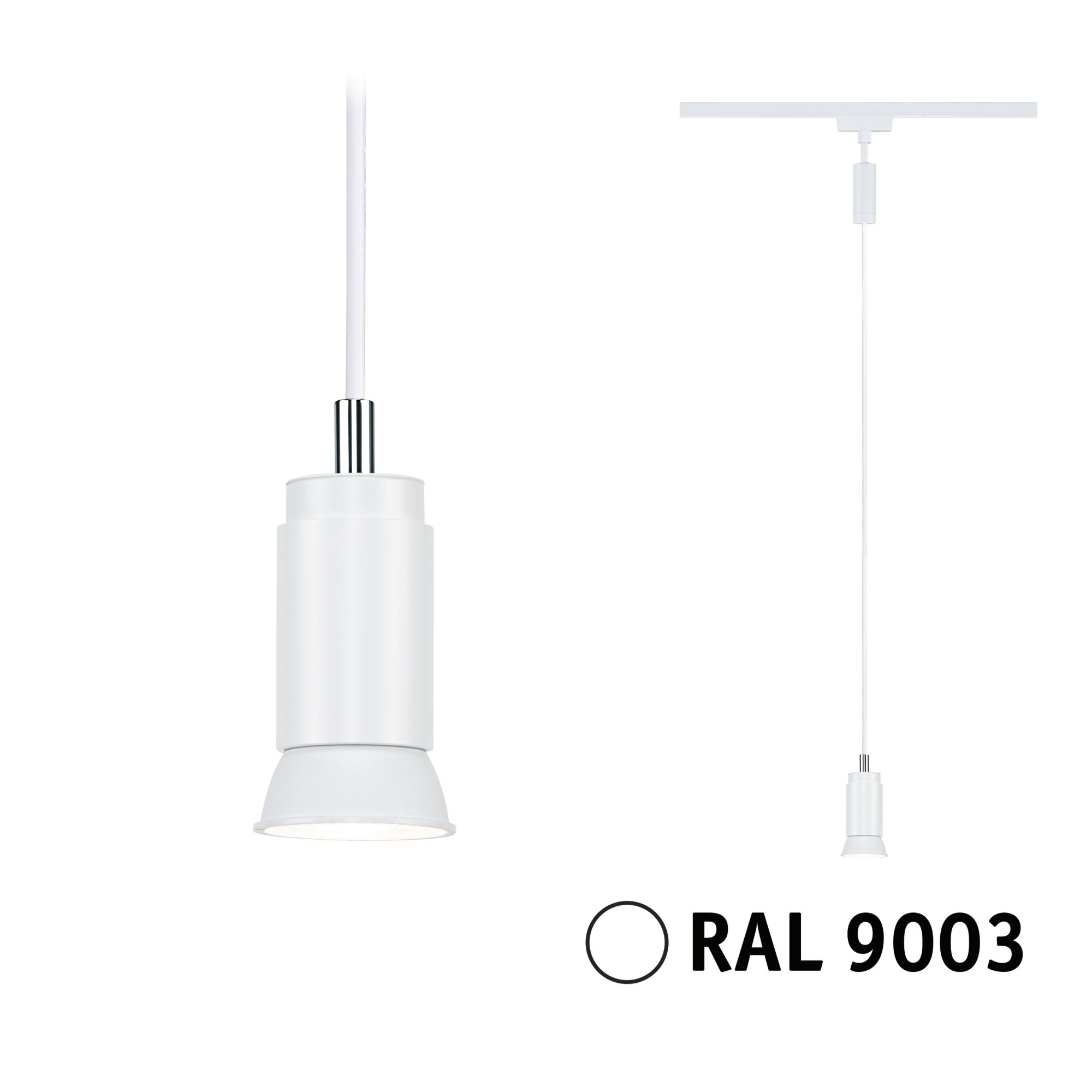 Weiße Pendelleuchte mit RAL 9003 auf weißem Hintergrund.