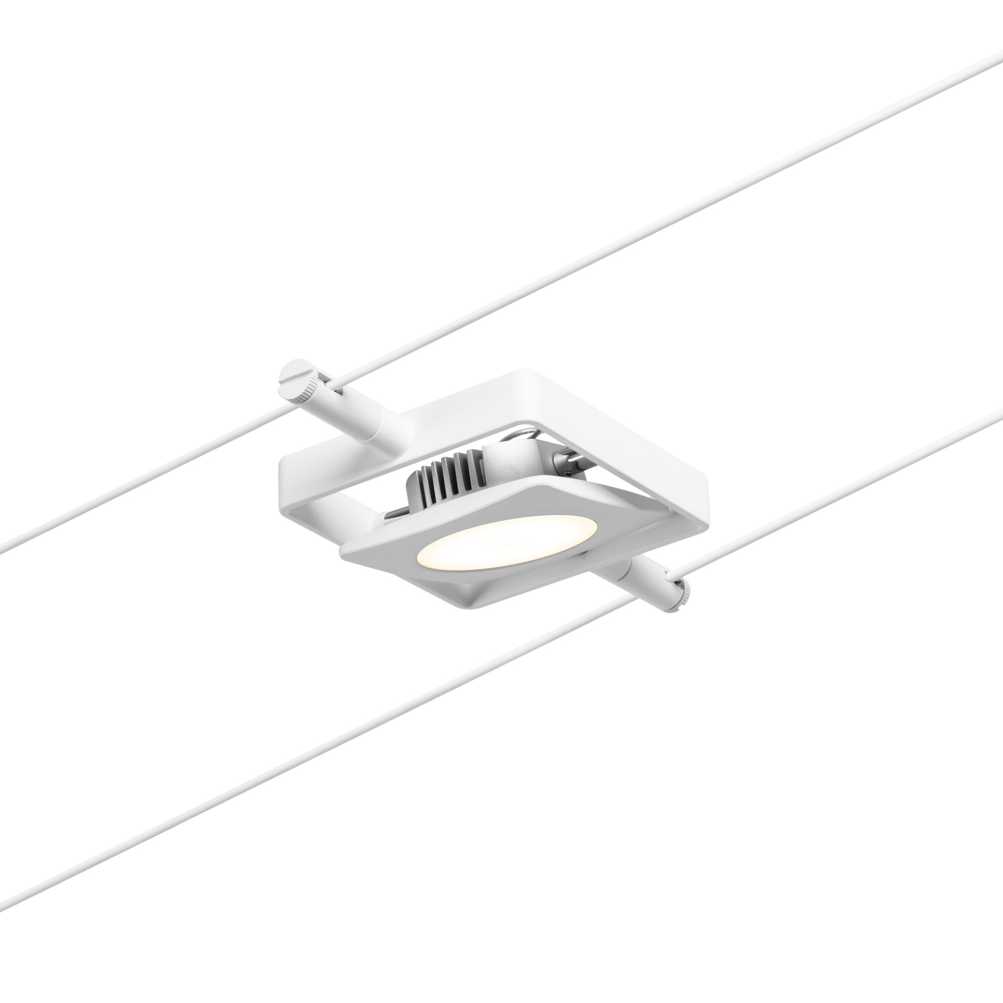 Un faretto da binario bianco con luce LED, montato su due cavi bianchi.