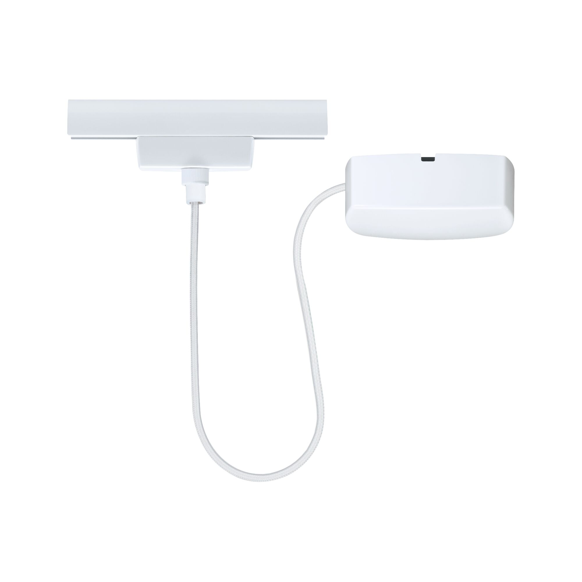 Ein weißes Kabel verbindet eine Schiene mit einem rechteckigen Gehäuse.