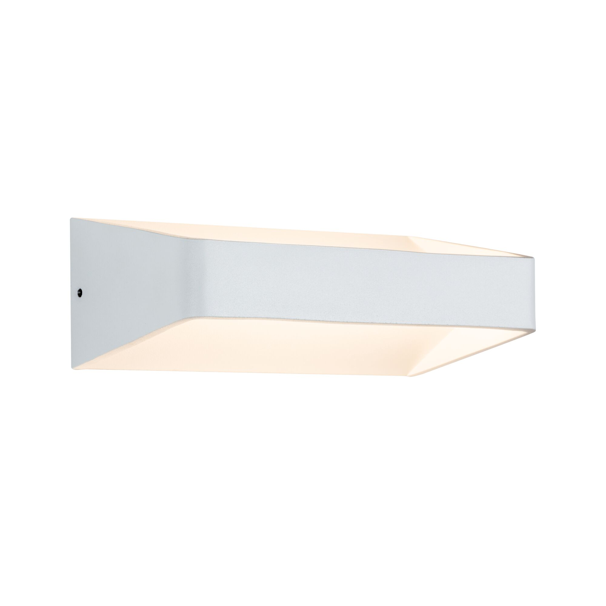 Eine weiße Wandleuchte mit einem modernen, geometrischen Design.