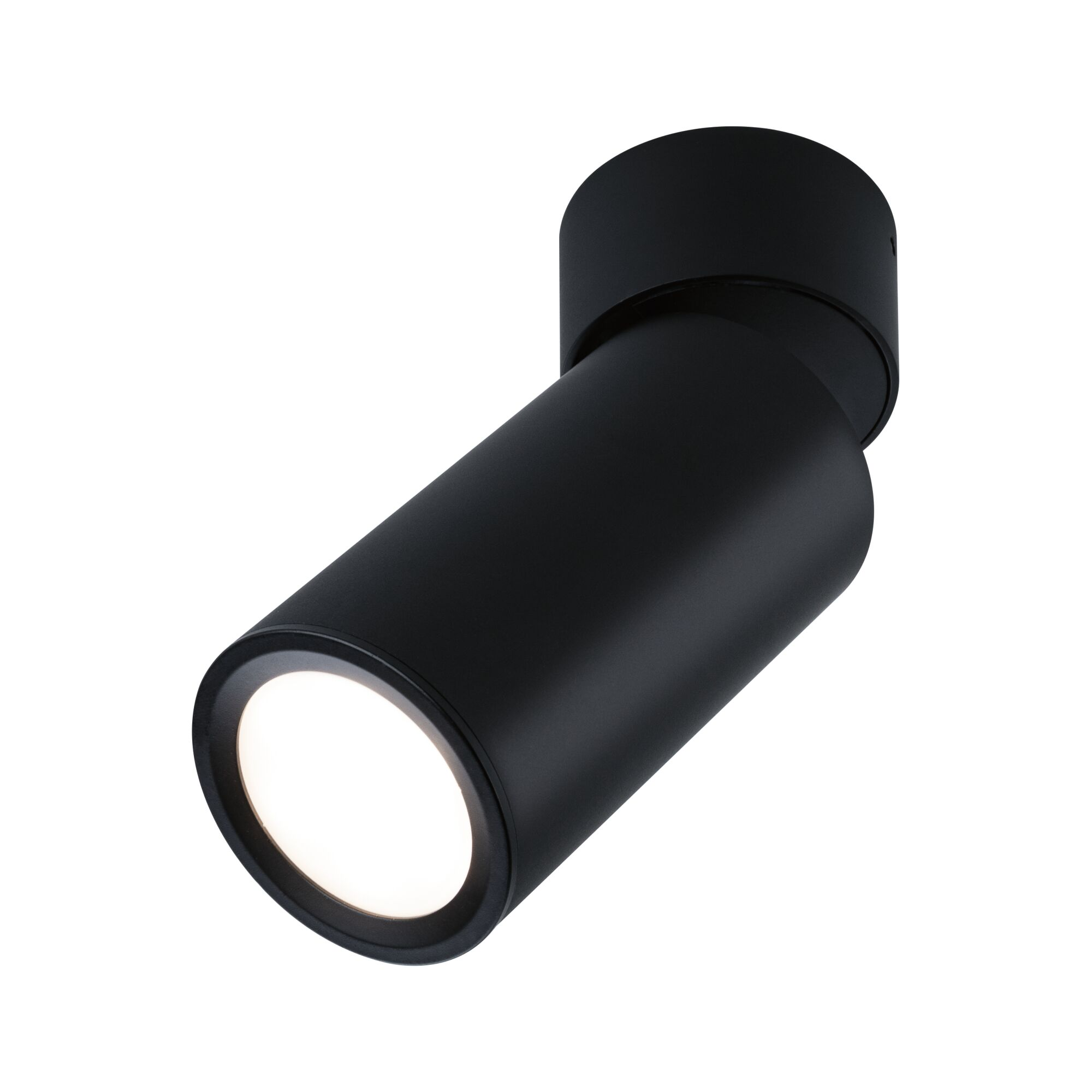 Ein schwarzer, zylindrischer Schienenstrahler mit beleuchtetem Ring.
