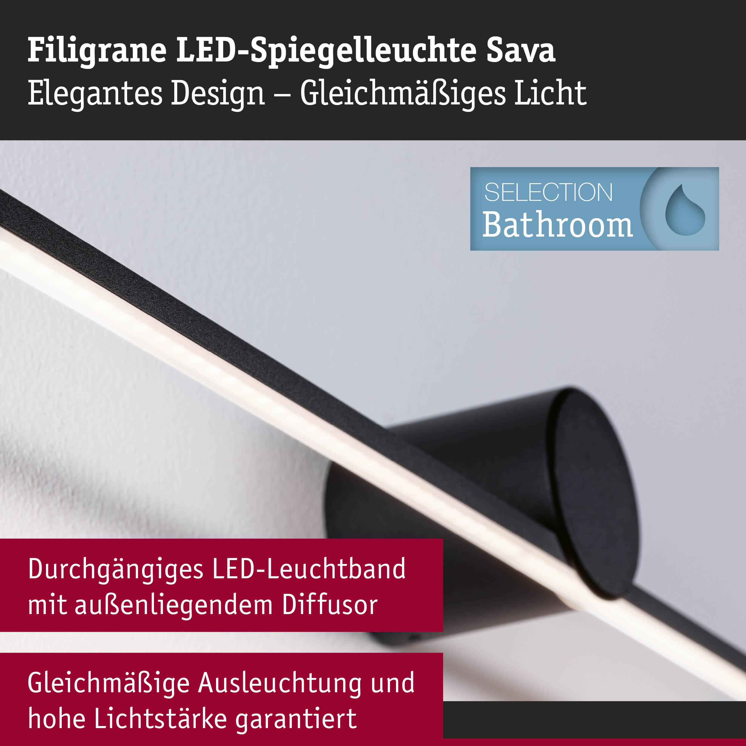 Filigrane LED-Spiegelleuchte mit durchgängigem Band und gleichmäßiger Ausleuchtung.