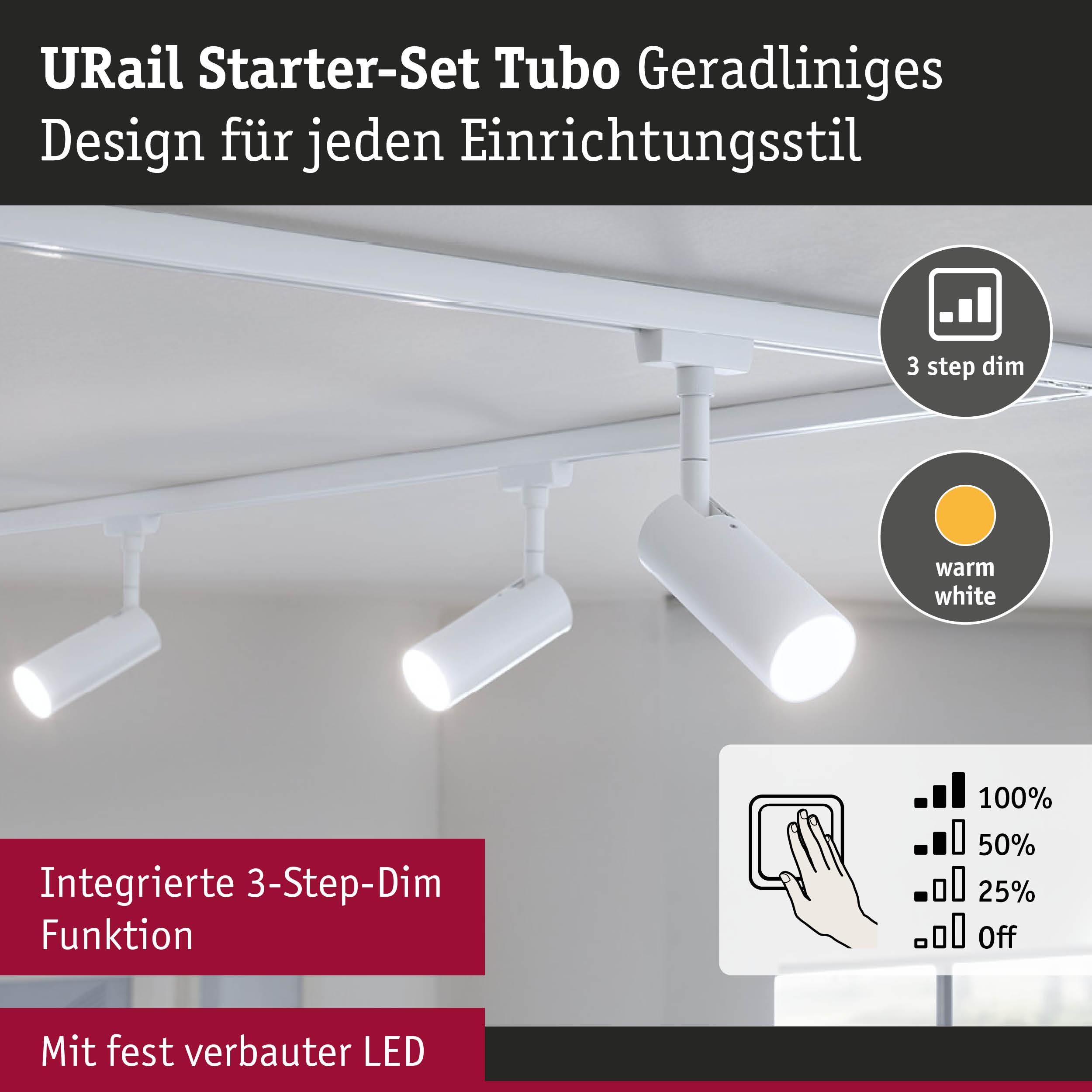 Schienenbeleuchtung mit drei weißen Spots, 3-Step-Dim-Funktion, warmweiß.