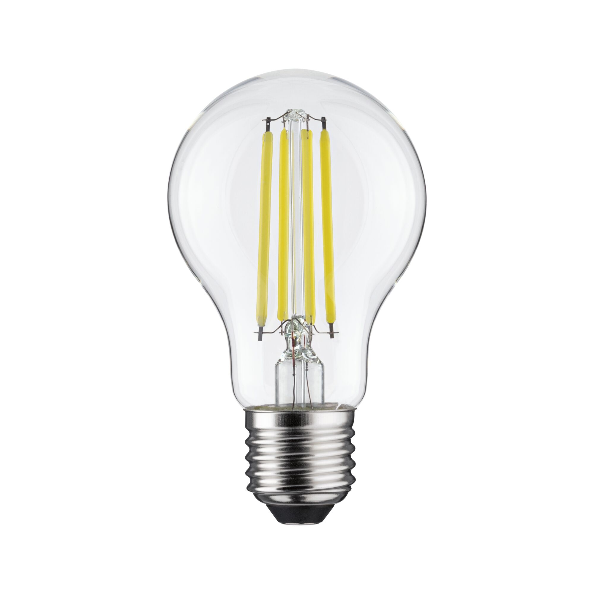 Eine klare Glühbirne mit vier gelben LED-Filamenten und einem Metallsockel.