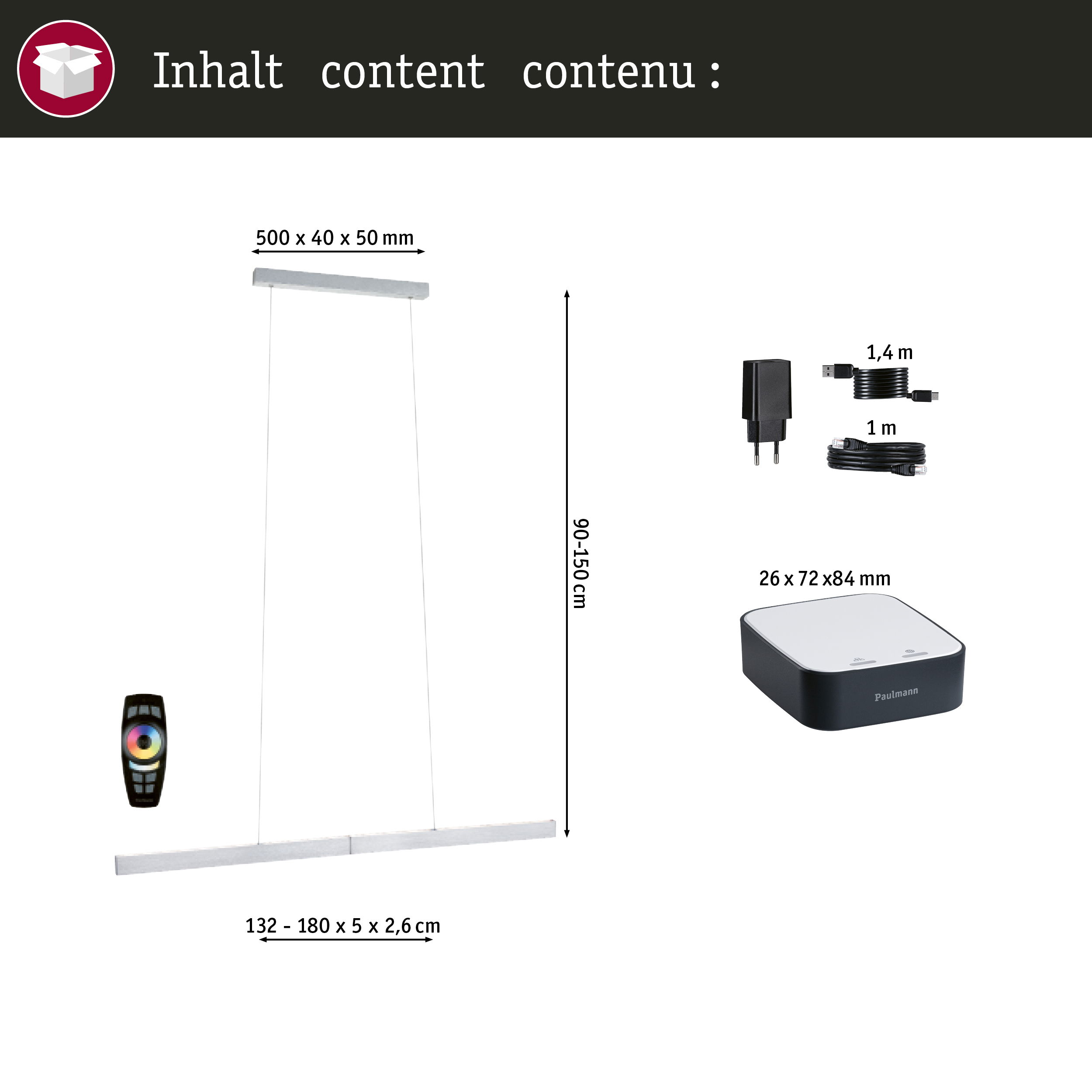 Lampa wisząca z pilotem, zasilaczem, kablami i jednostką sterującą.