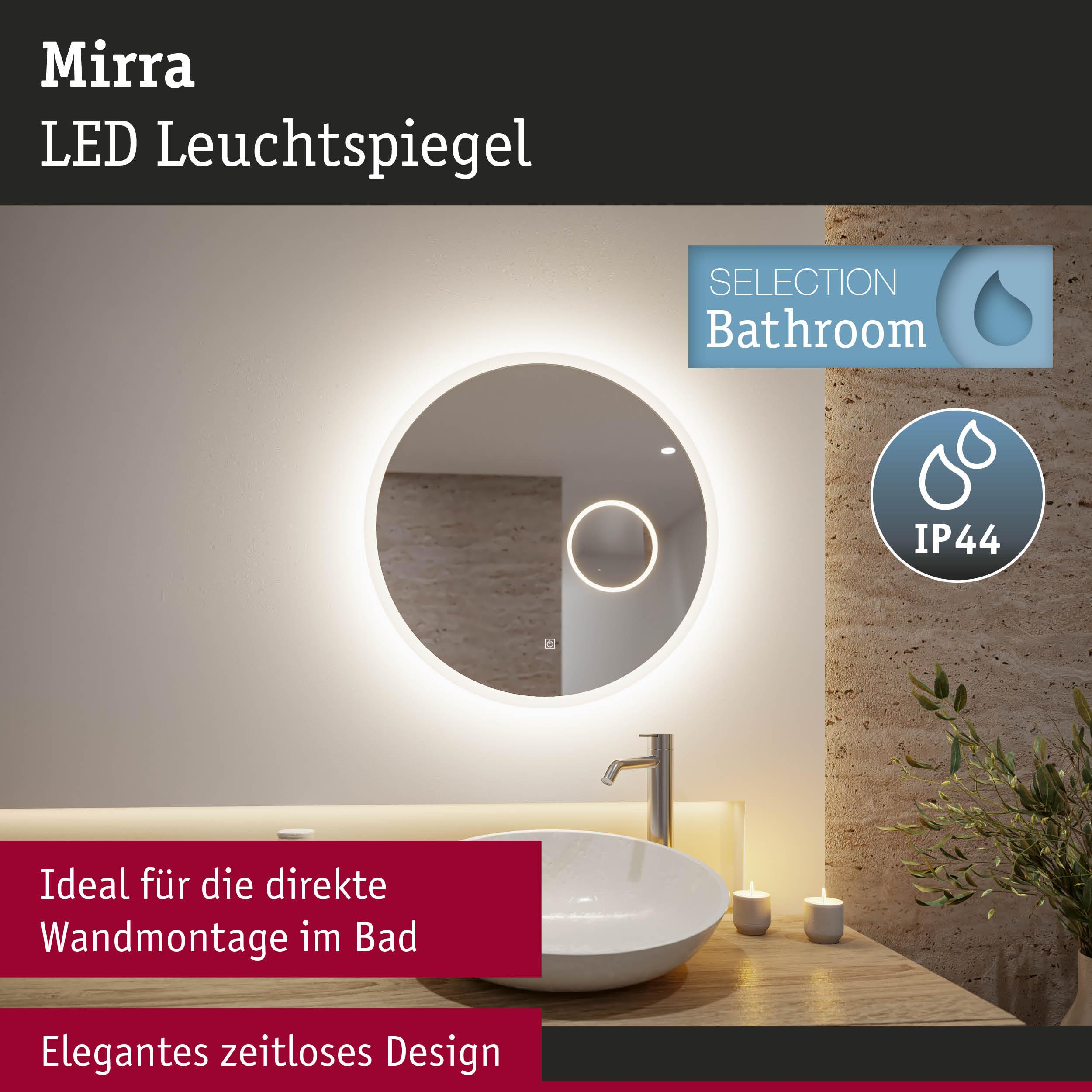 Runder LED-Spiegel mit Beleuchtung über einem Waschbecken, mit Text.