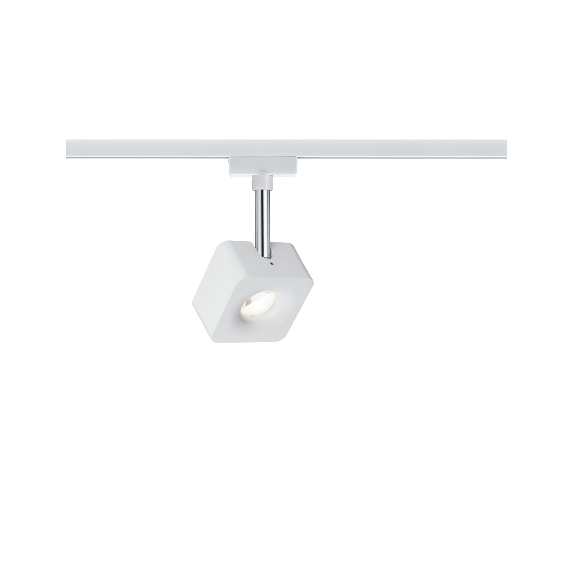 Ein weier, kubischer Strahler mit Metallarm an einer Schiene.