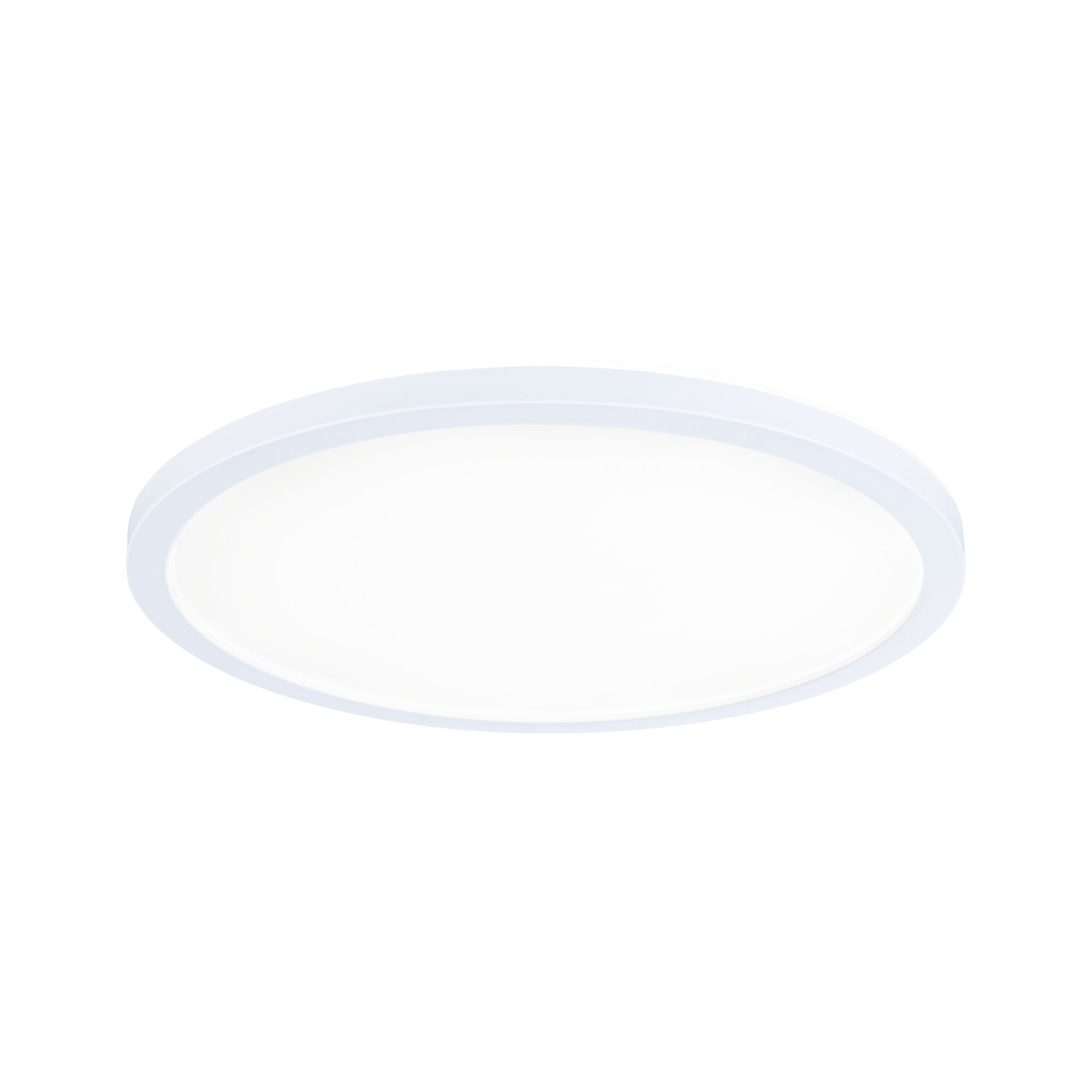 Biała, okrągła lampa sufitowa z jasnym źródłem światła.