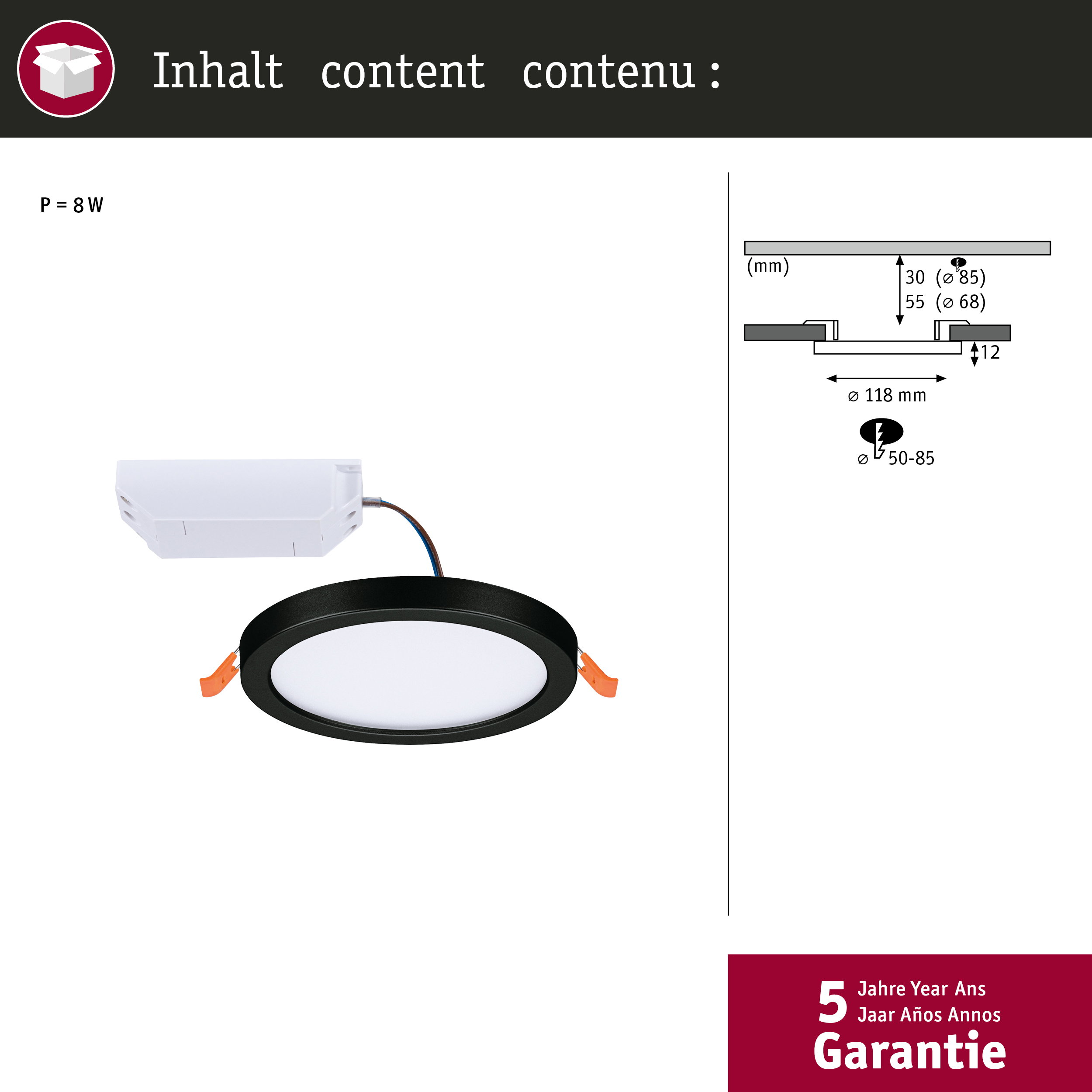 Czarna lampa wpuszczana z białym zasilaczem i wymiarami technicznymi.