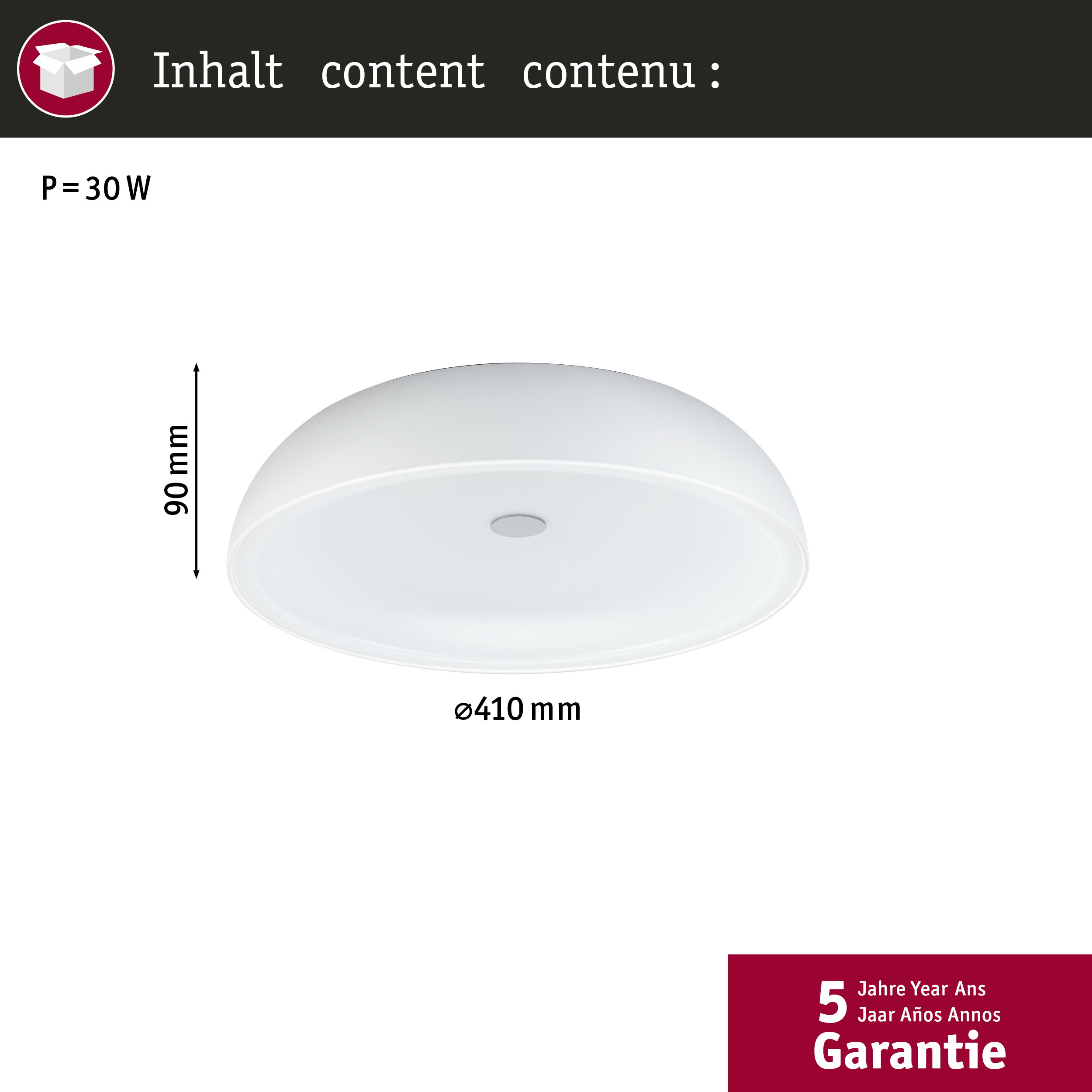Biała lampa sufitowa, średnica 410mm, wysokość 90mm, 30W. 5 lat gwarancji.