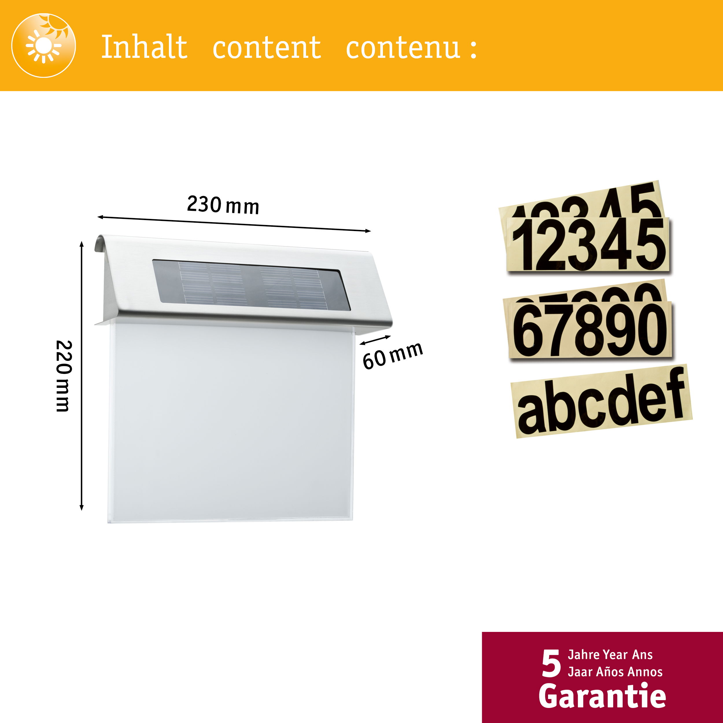 Luce solare in acciaio inox con dimensioni e adesivi. Garanzia 5 anni.