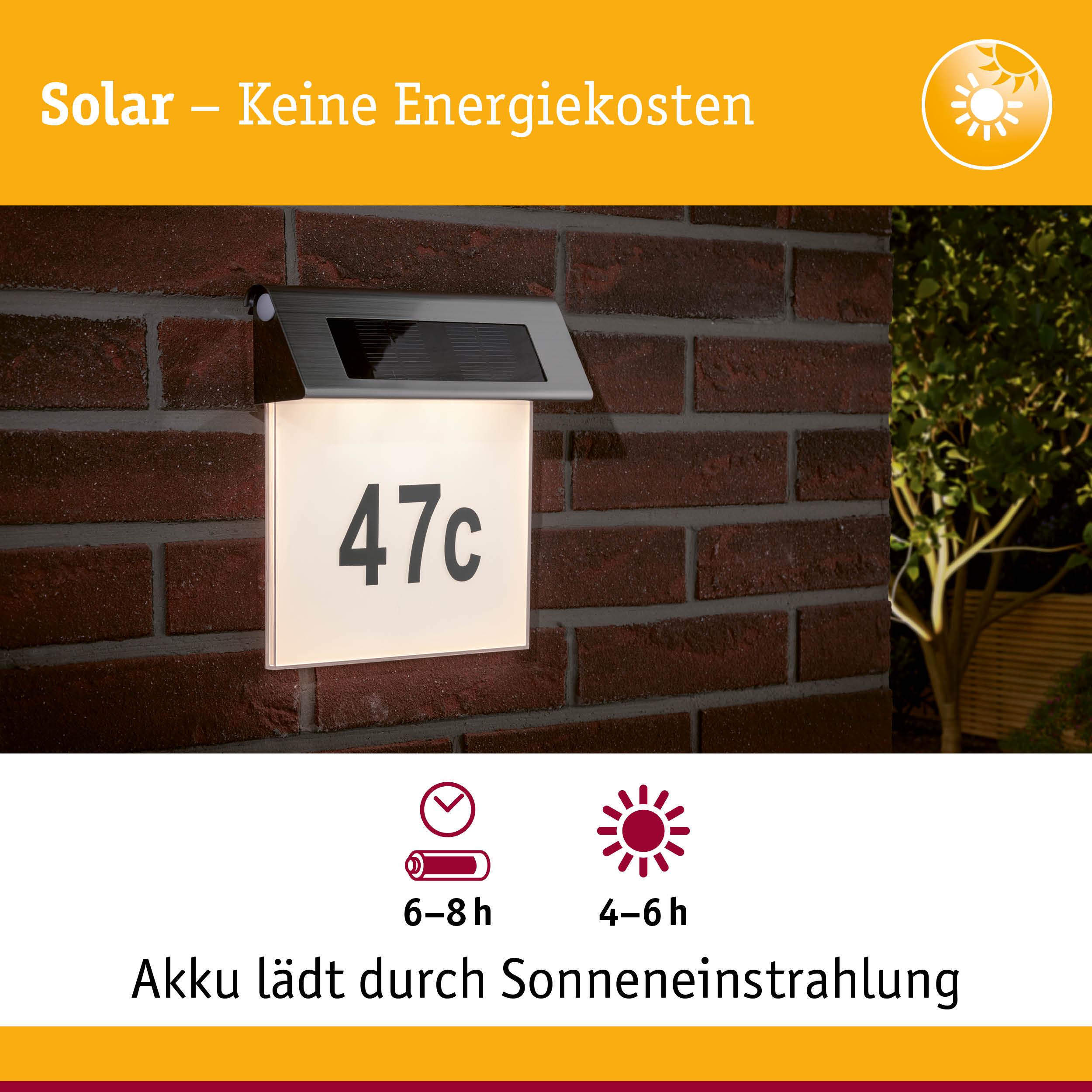 Luce solare per numero civico con indicatore di carica. Carica 6-8h, illumina 4-6h.