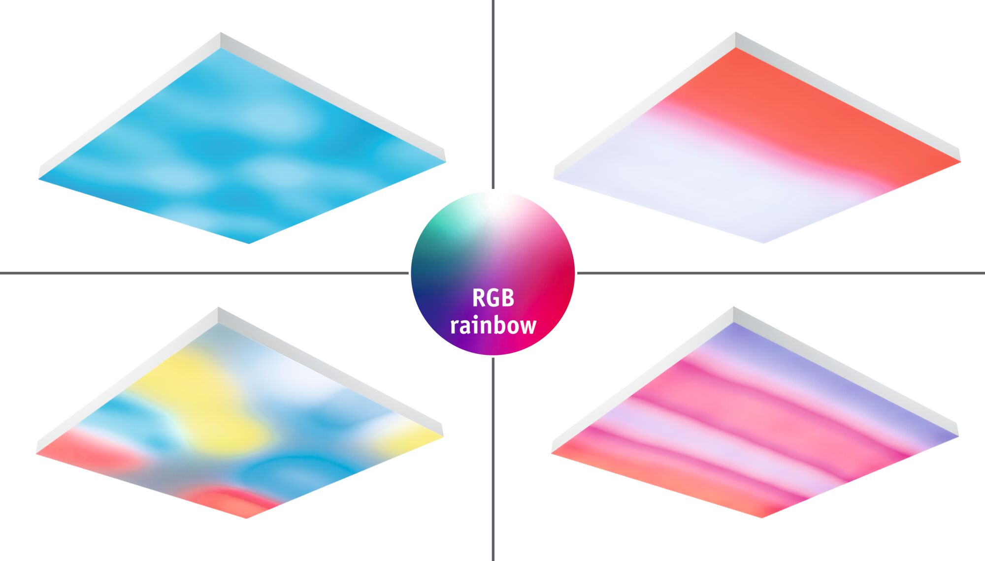 Vier quadratische Paneele mit farbigem Licht: blau, rot/weiß, mehrfarbig, pink/lila.